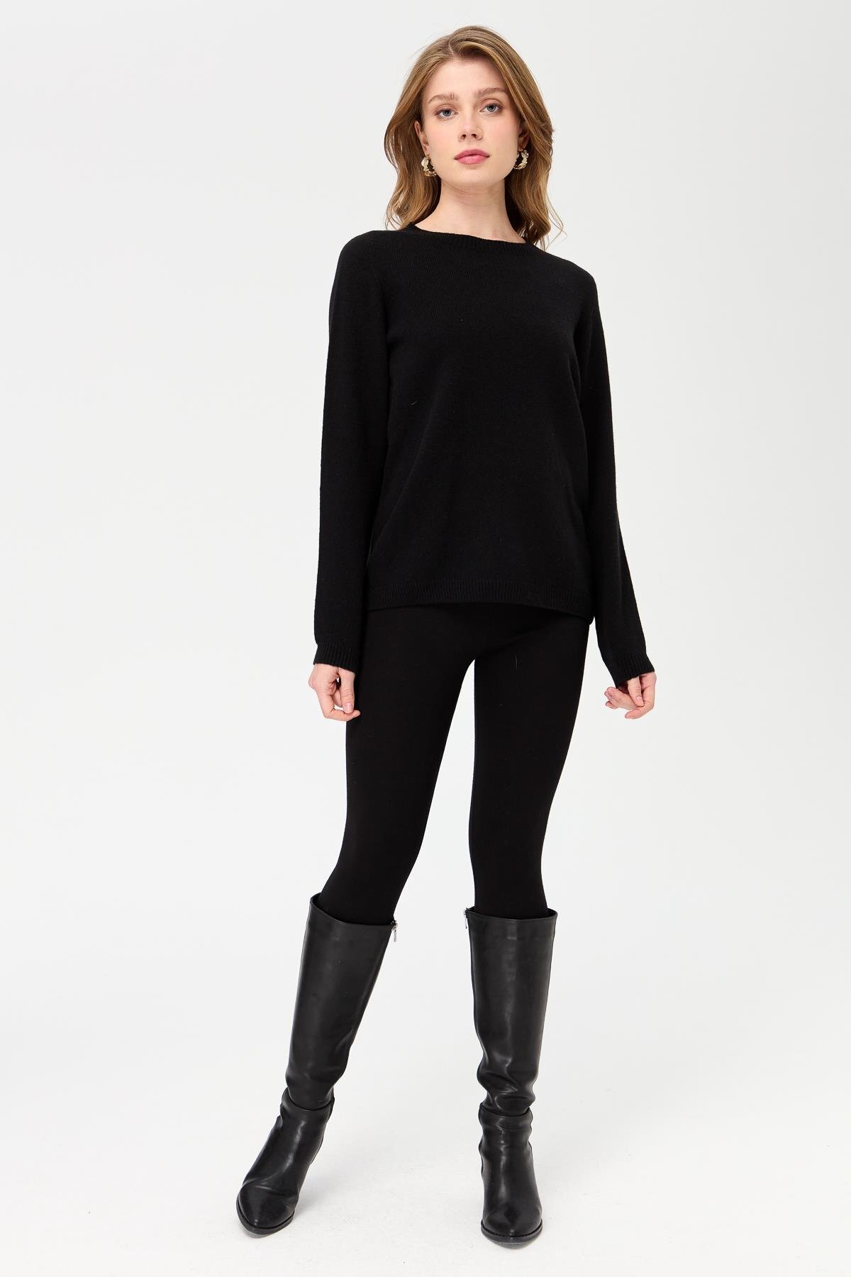 Desen Triko  Kadın Sıfır Yaka Klasik Yün Kazak Siyah - Görsel 2