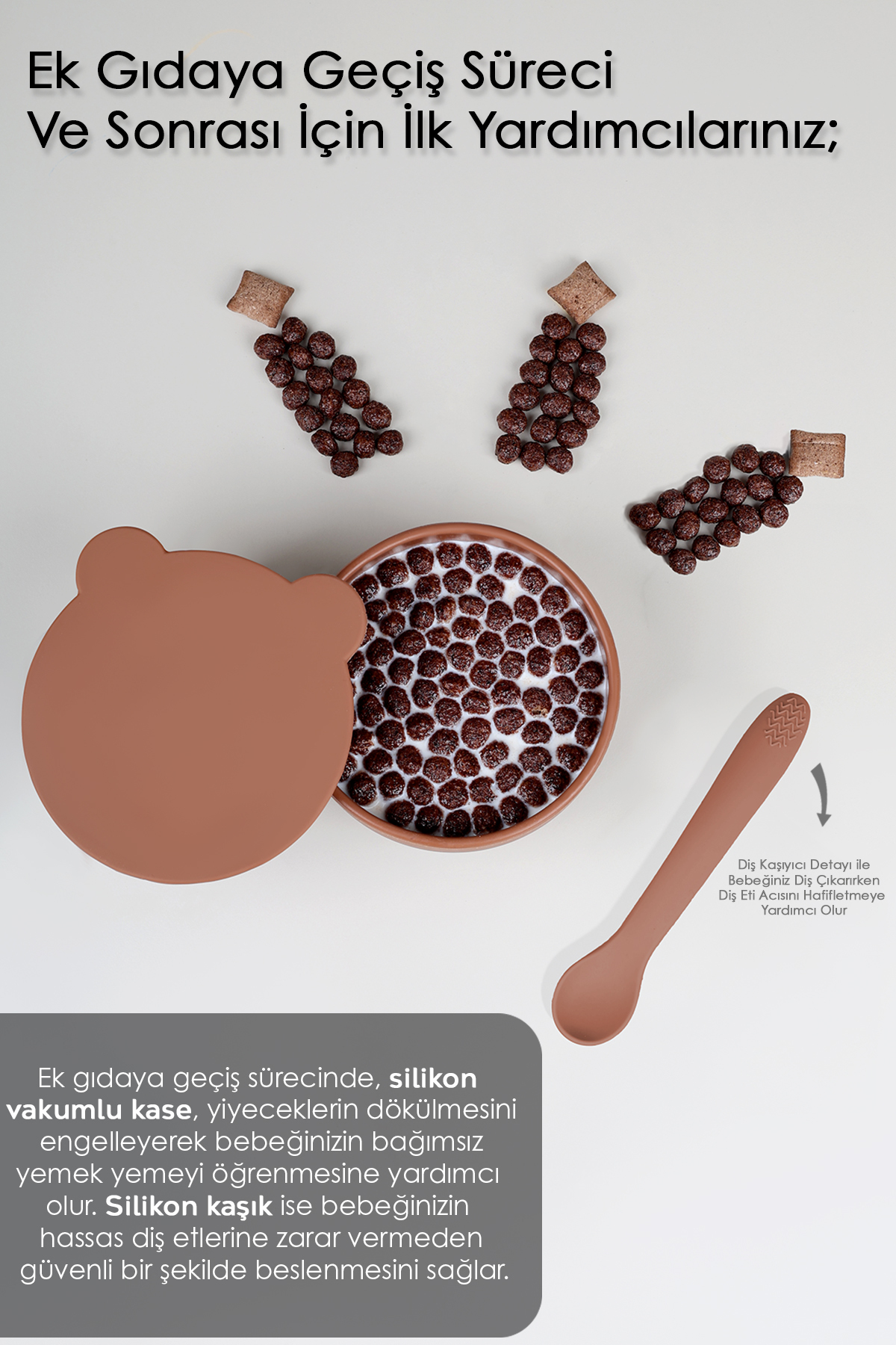 Meleni Baby 2'li Bebek Beslenme Seti - Vakumlu Silikon Kapaklı Mama Kasesi - Diş Kaşıyıcı Mama Kaşığı - Kahve fotoğrafı 2 (önizleme)