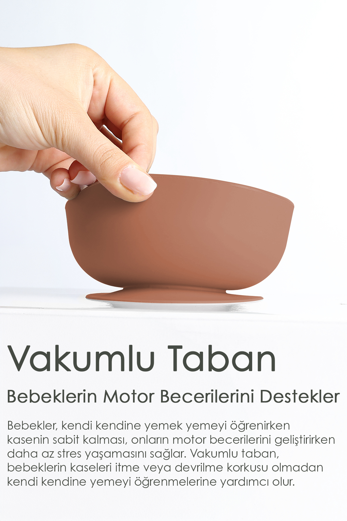 Meleni Baby 2'li Bebek Beslenme Seti - Vakumlu Silikon Kapaklı Mama Kasesi - Diş Kaşıyıcı Mama Kaşığı - Kahve fotoğrafı 3 (önizleme)