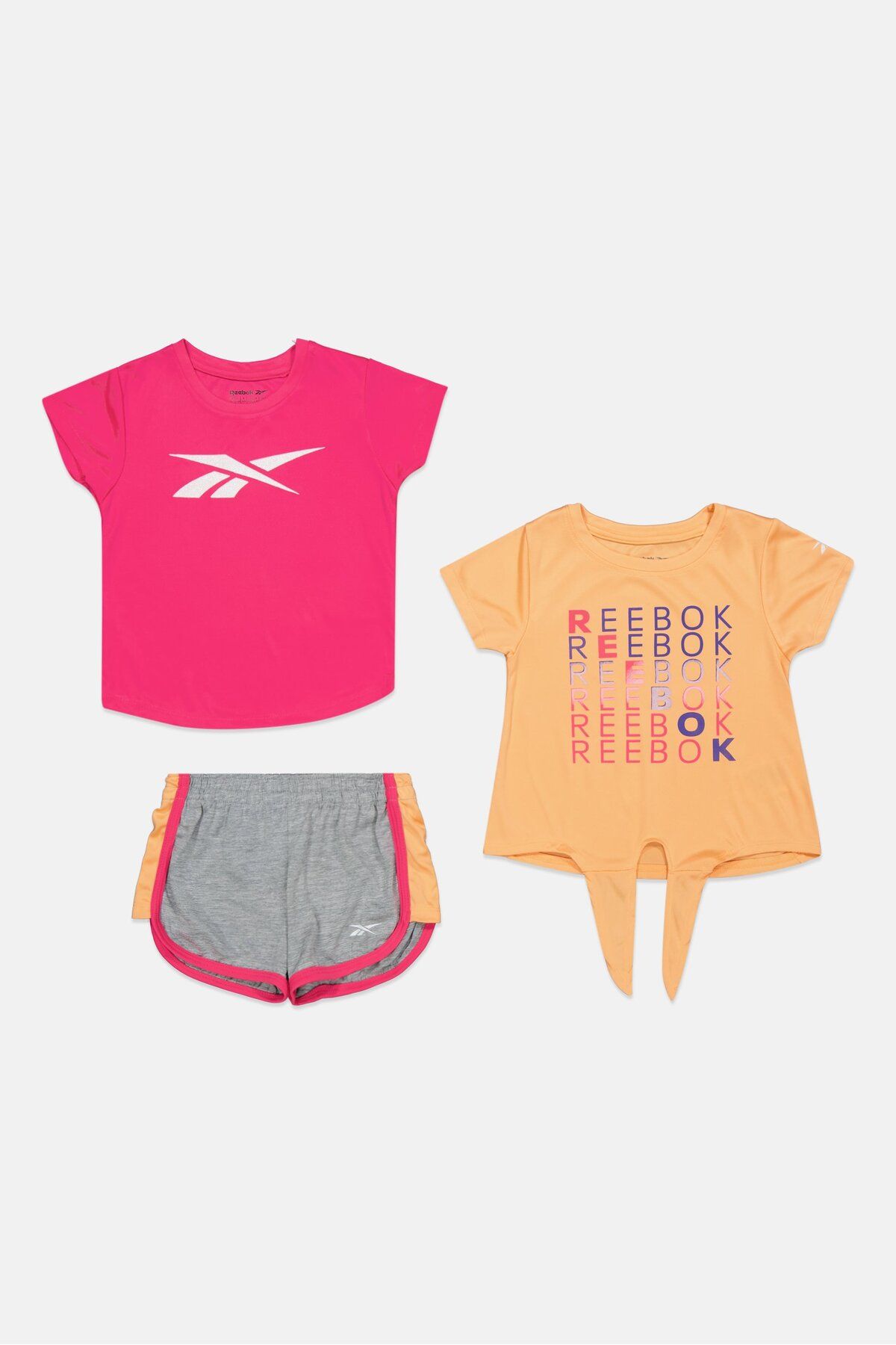 Reebok-Toddlers Girl 3 Piece Short Sleeve T-Shirts And Short Set, Pink Combo 1