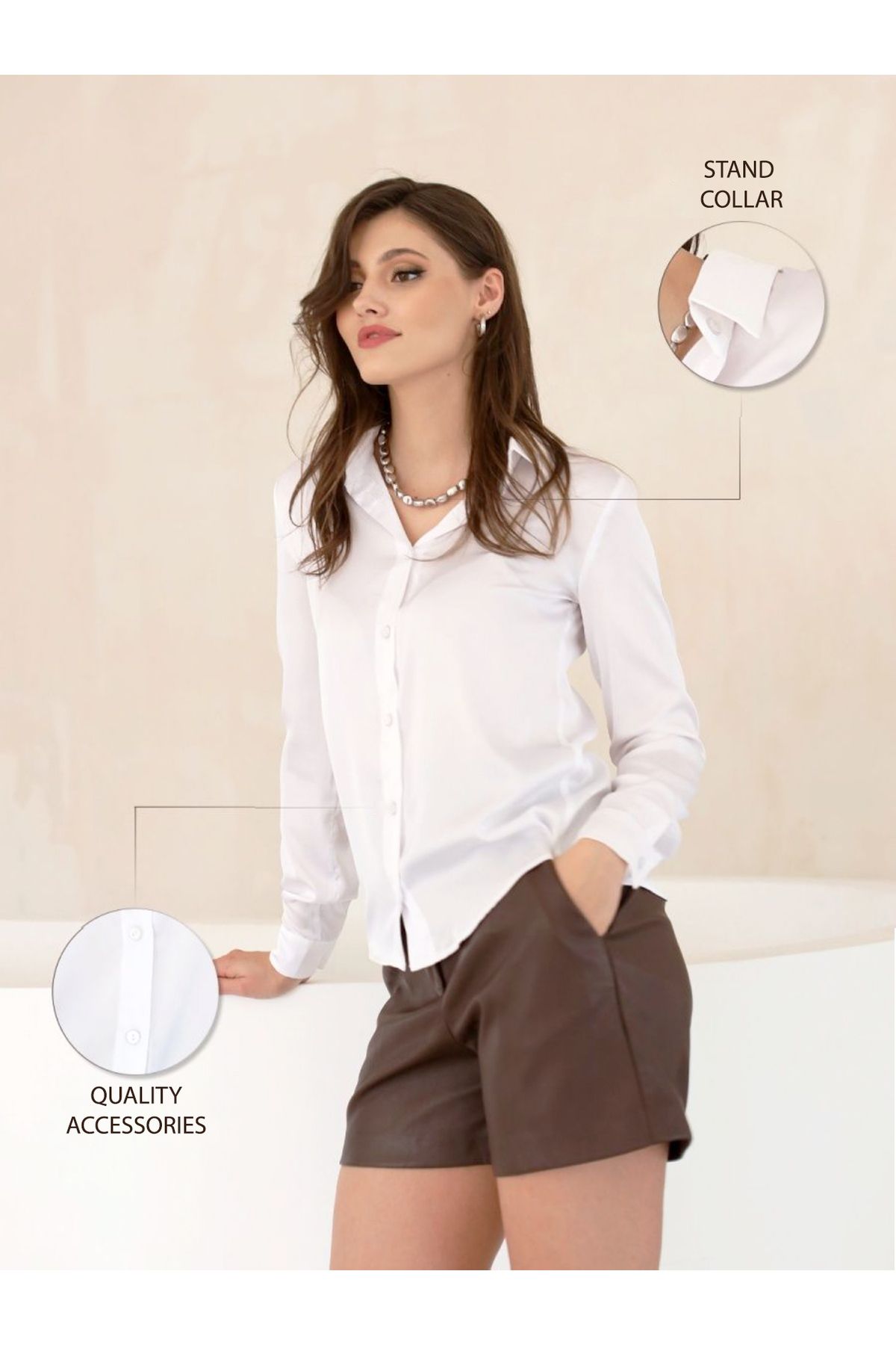 veira-Cămașă de damă din satin alb - elegantă și confortabilă, cu mânecă lungă 2