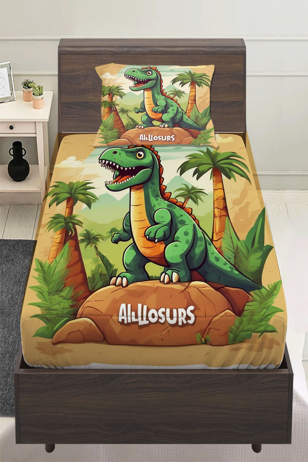 Else Dekor-Set de cearșafuri elastice cu pernă pentru băiat cu model de dinozaur 100x200cm 1