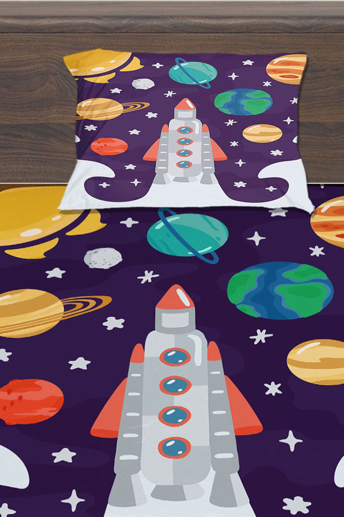 Else Dekor-Spaceship Planets Patterned Children's Single Pillowed Elastic Sheet Set 100X200Cm 2