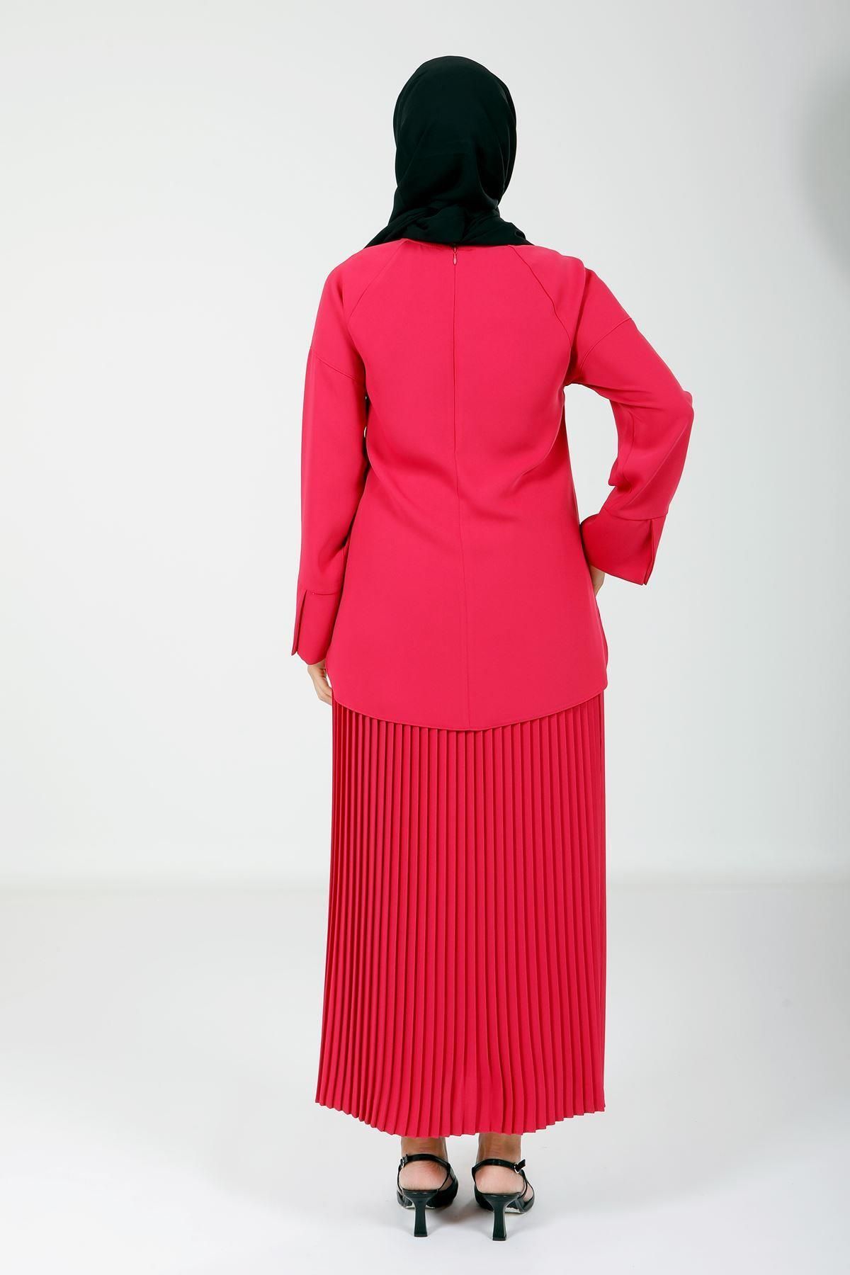 ست بالاپایین پوشیده زنانه بلوز رنگ و دامن PLYLI FUCHSIA 4166 Beyza