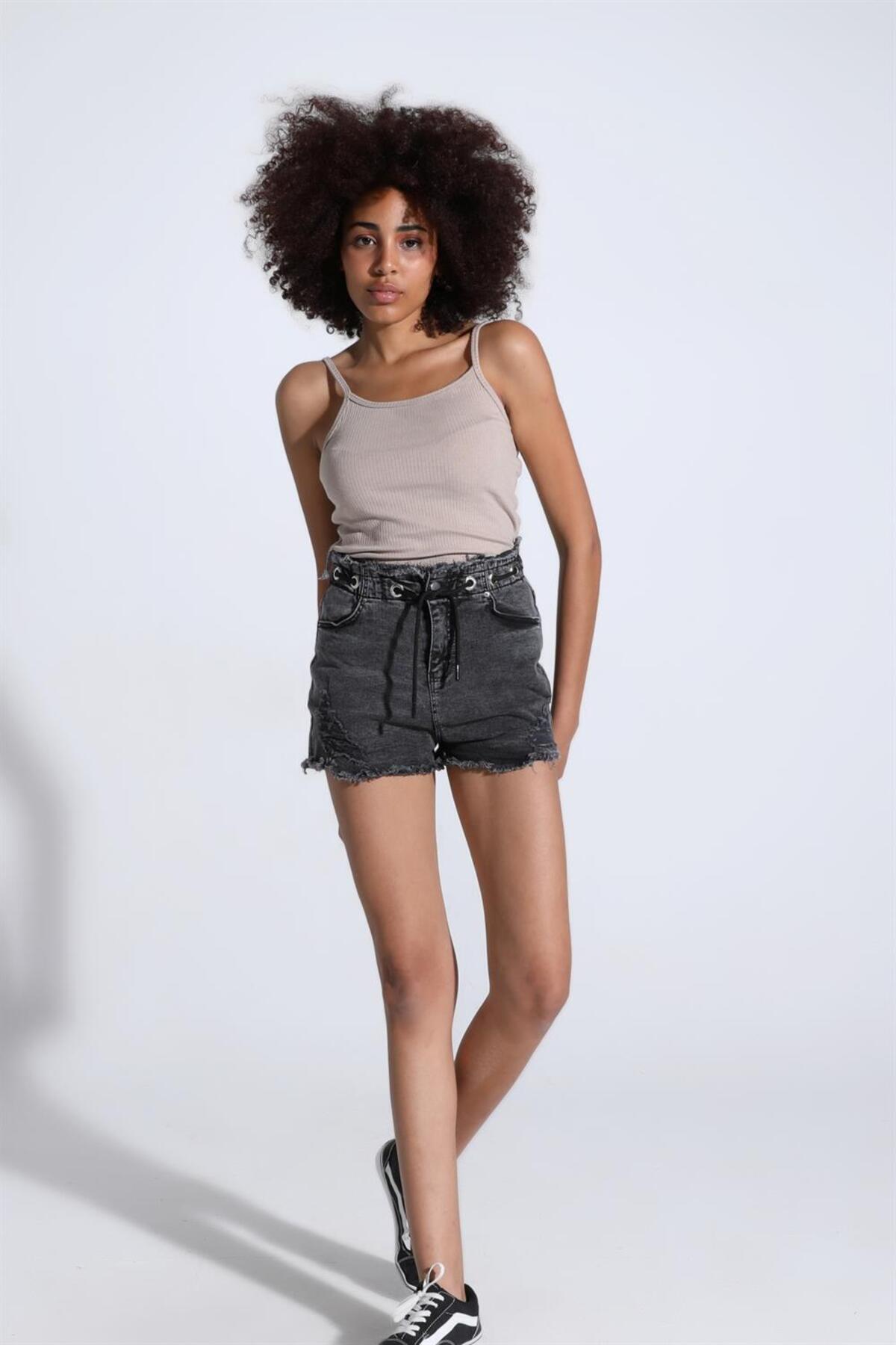 TF The Fancy For You-Fancy Women's High Waist Ripped Detailed Mini Jeans Shorts with Waistband 2