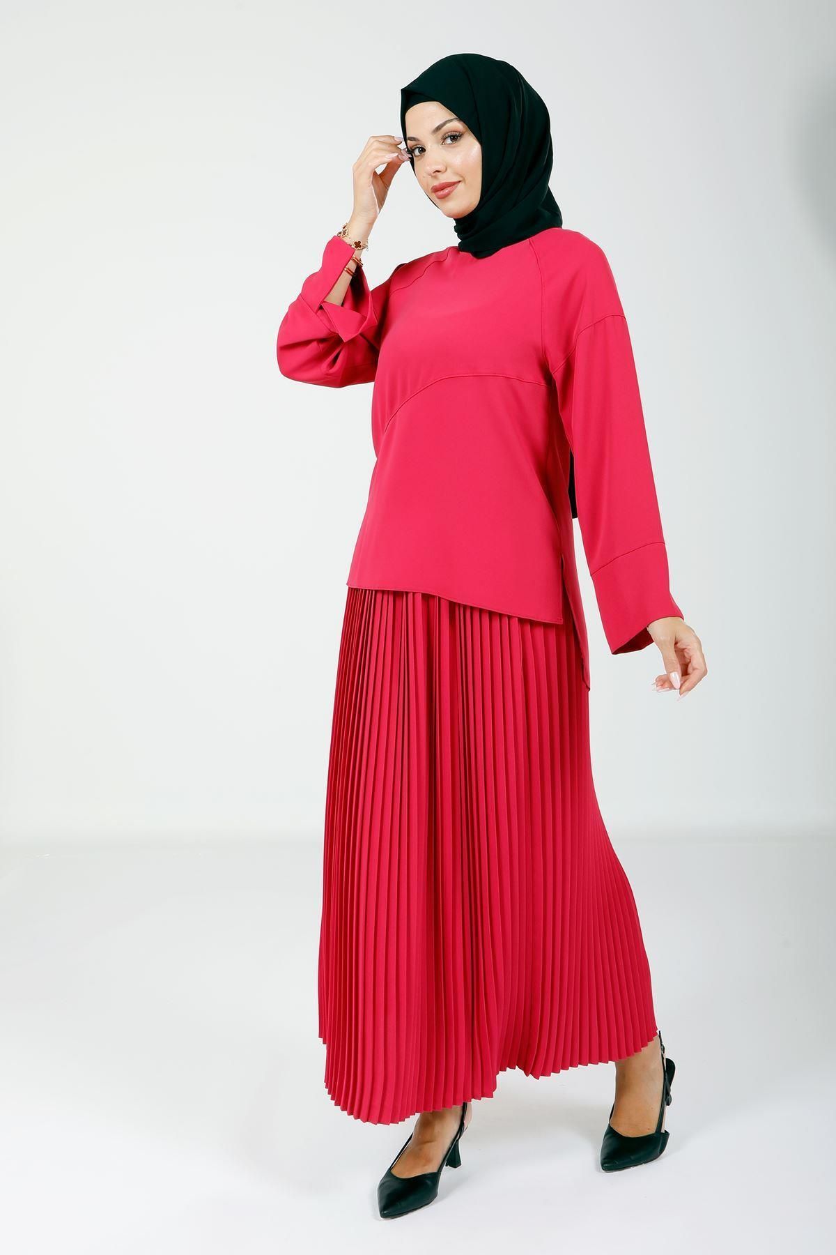 ست بالاپایین پوشیده زنانه بلوز رنگ و دامن PLYLI FUCHSIA 4166 Beyza