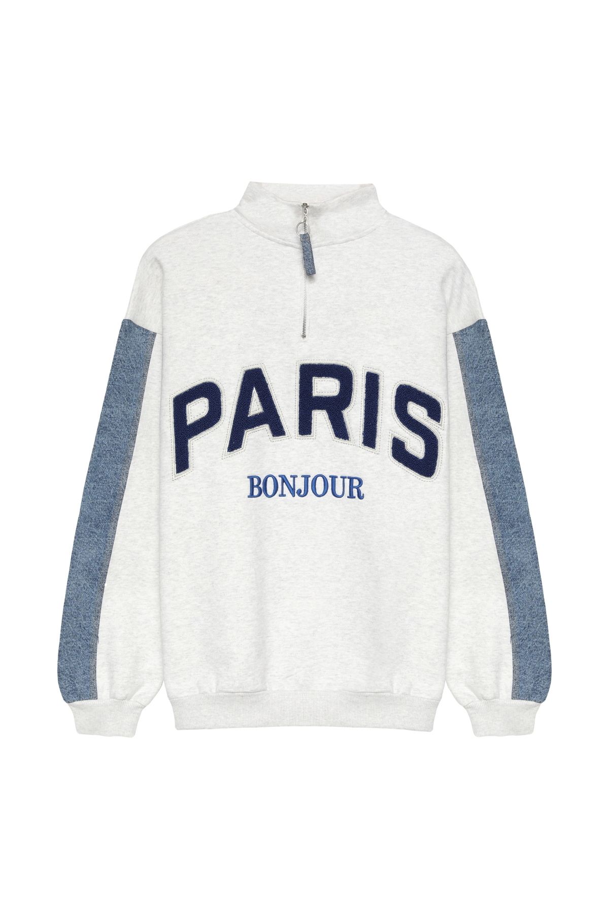 Quzu-Graues Sweatshirt mit Paris-Print und Reißverschluss 1