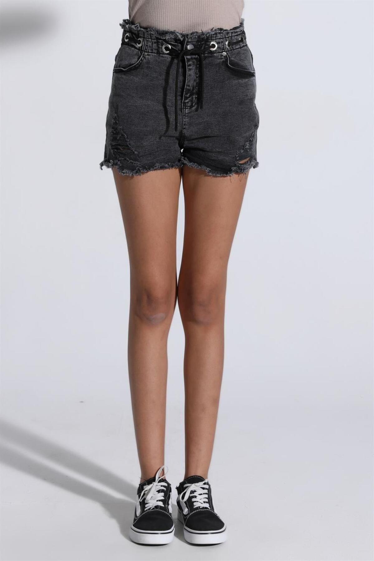TF The Fancy For You-Fancy Women's High Waist Ripped Detailed Mini Jeans Shorts with Waistband 4