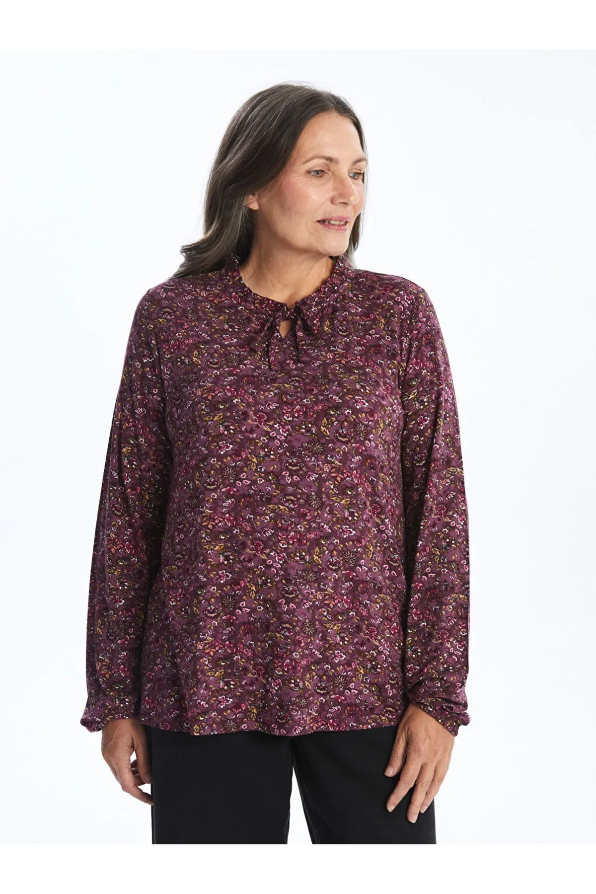 LC Waikiki-Lcw Grace Vibrant Plum Printed Tie-Up Collar Patterned Long Sleeve Women's Blouse 1