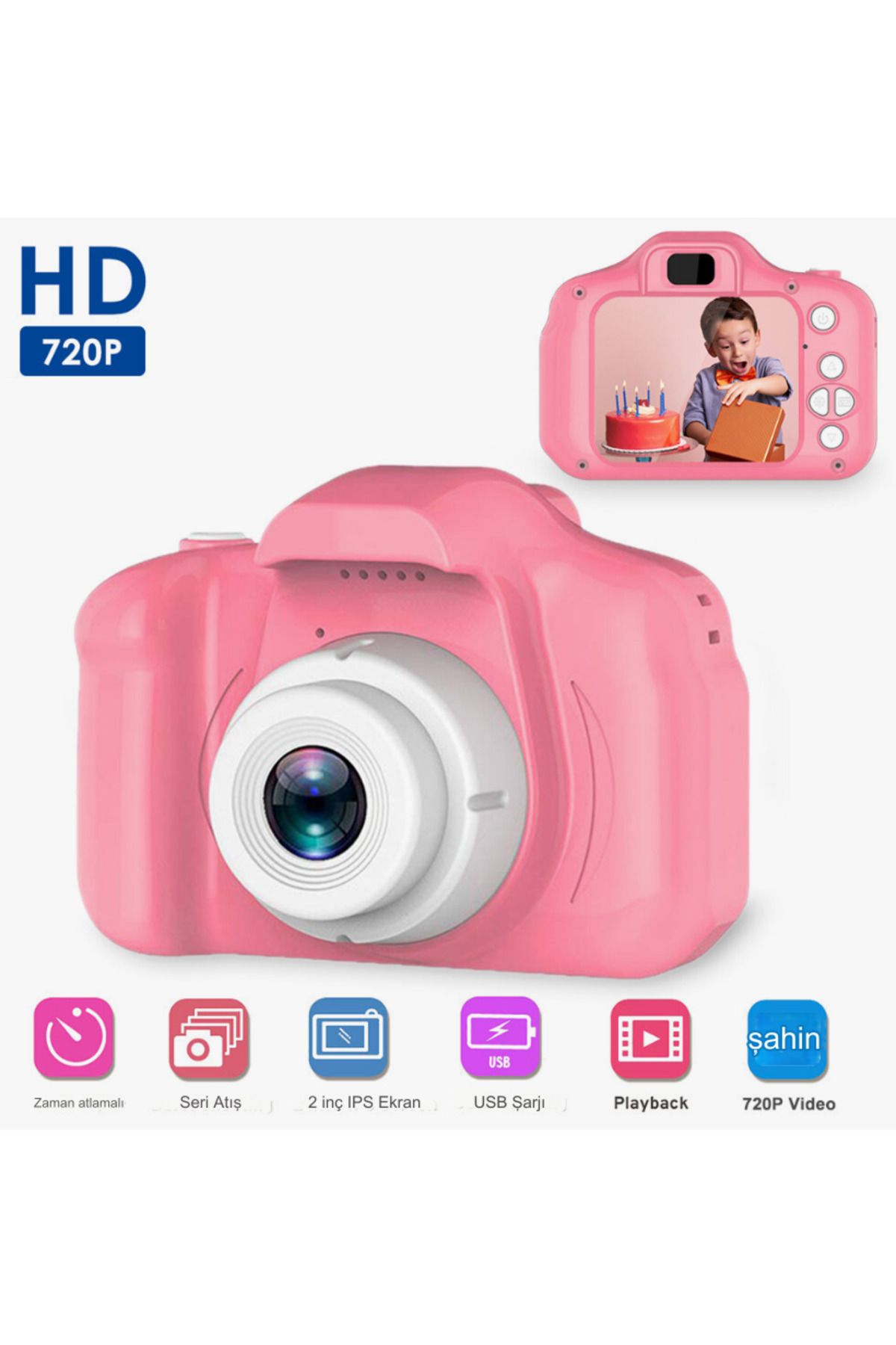 PEMBE 2.0 İnç IPS Ekran Darbeye Dayanıklı Çocuk Dijital Selfie HD Video Kamera  Çocuk Kamerası