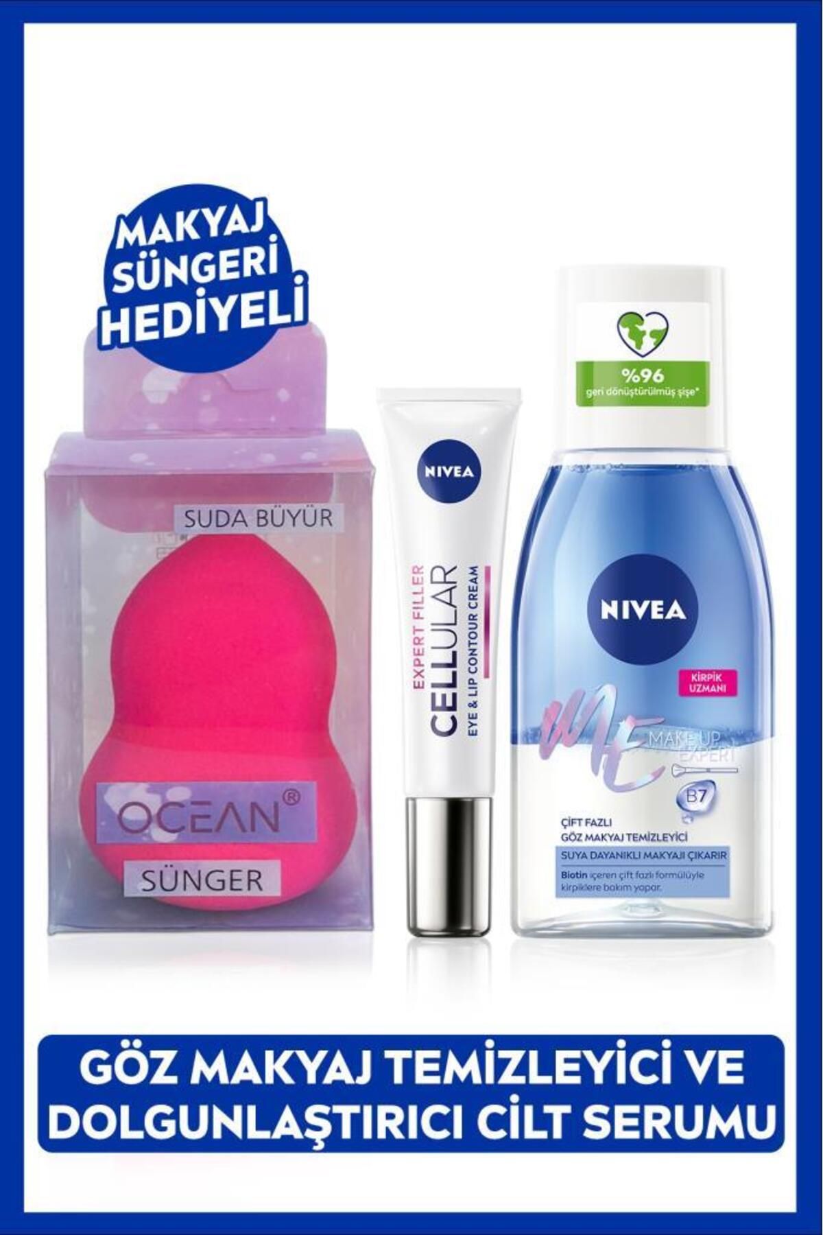 NIVEA Çift Etkili Göz Makyaj Temizleyici 125ml ve Cellular Göz Bakım Kremi 15ml, Makyaj Süngeri Hediyeli