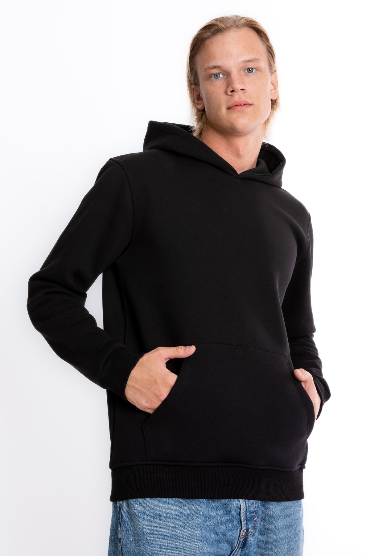 Giyimod Erkek SİYAH Kapüşonlu Kanguru Cepli 3 iplik Şardonlu Polarlı Sweatshirt S-204