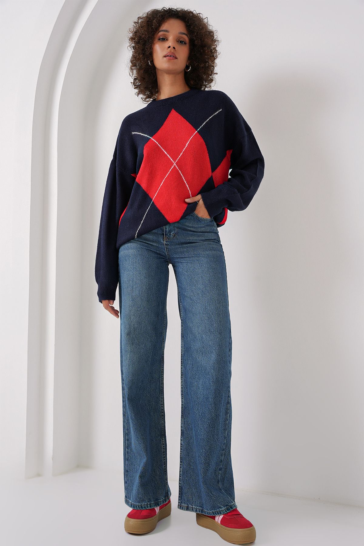 Bigdart-15895 Oversize-Strickpullover mit Rautenmuster – Marineblau 2