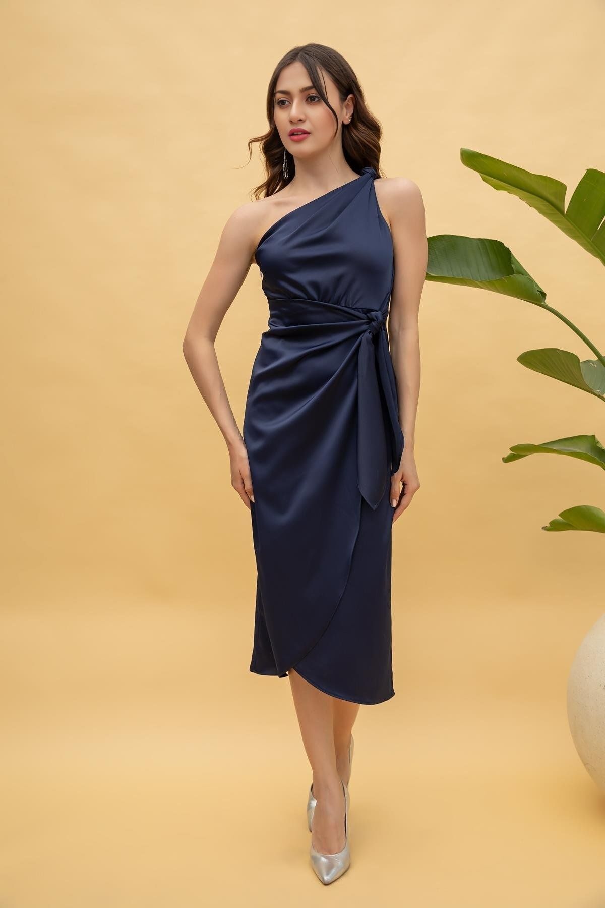 lovebox-Shiny Satin Midi Evening Dress - Single Shoulder with Sash Detail, STP-003 1