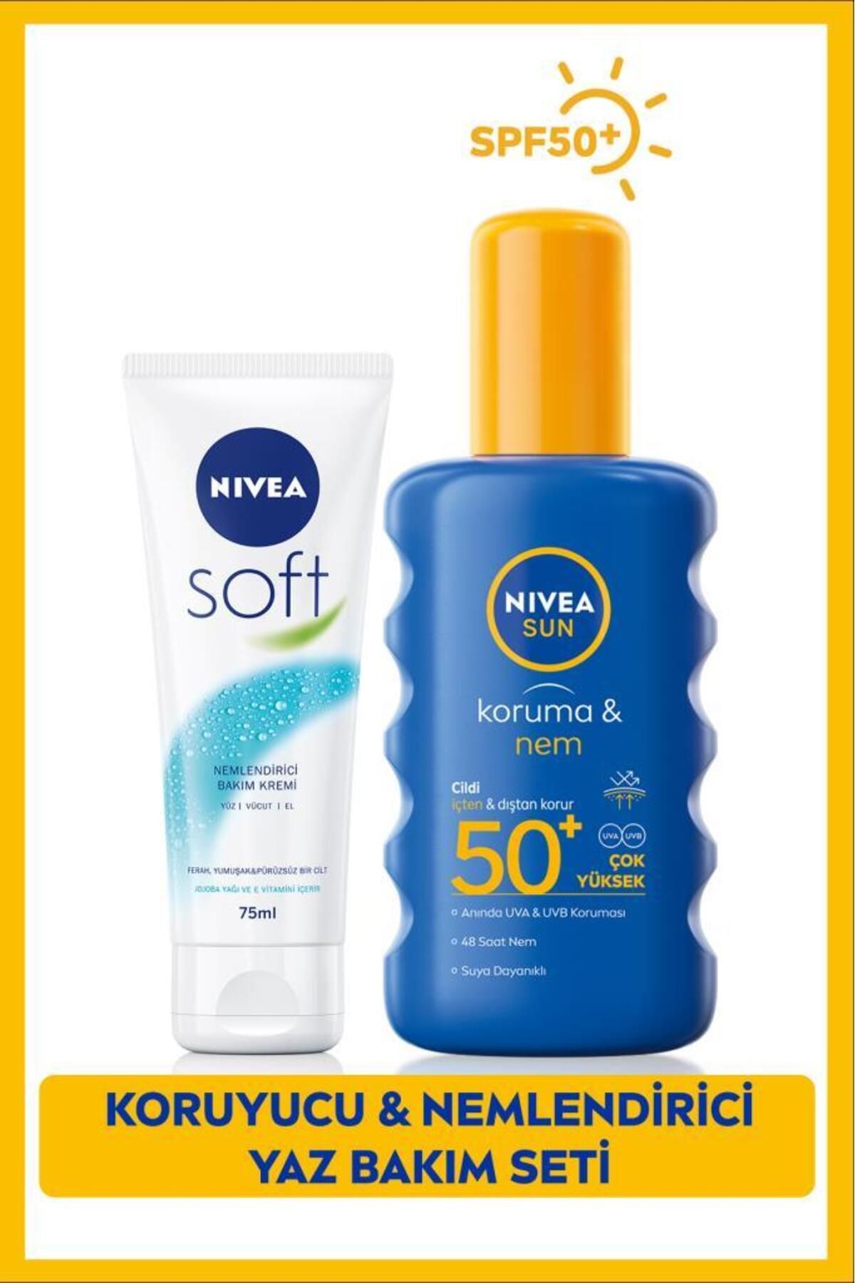 NIVEA Sun Yüksek Güneş Koruyucu Sprey 200ml Ve Soft Nemlendirici Bakım Kremi 75ml