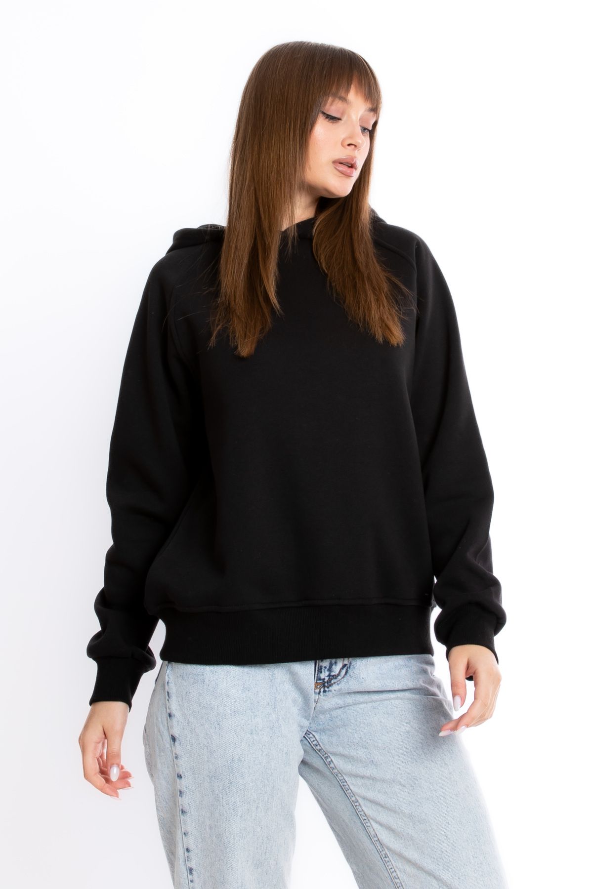 Giyimod Kadın SİYAH Kapüşonlu 3 iplik Şardonsuz Polarsız Reglan Kol Sweatshirt S-104