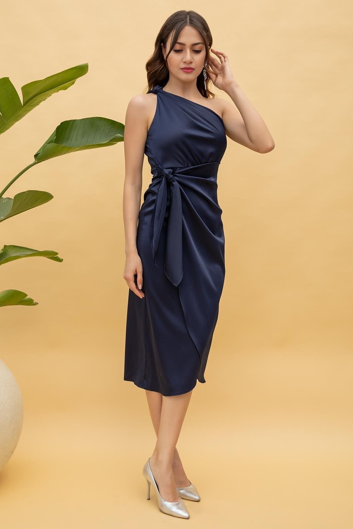 lovebox-Shiny Satin Midi Evening Dress - Single Shoulder with Sash Detail, STP-003 4