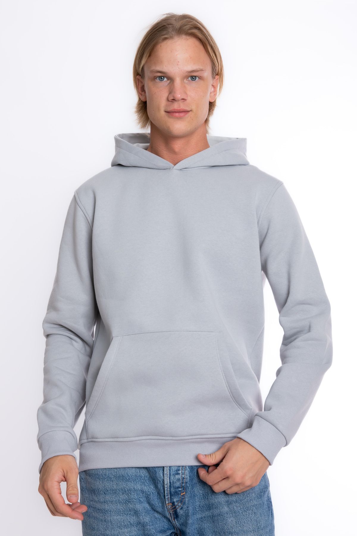 Giyimod Erkek GRİ Kapüşonlu Kanguru Cepli 3 iplik Şardonlu Polarlı Sweatshirt S-204
