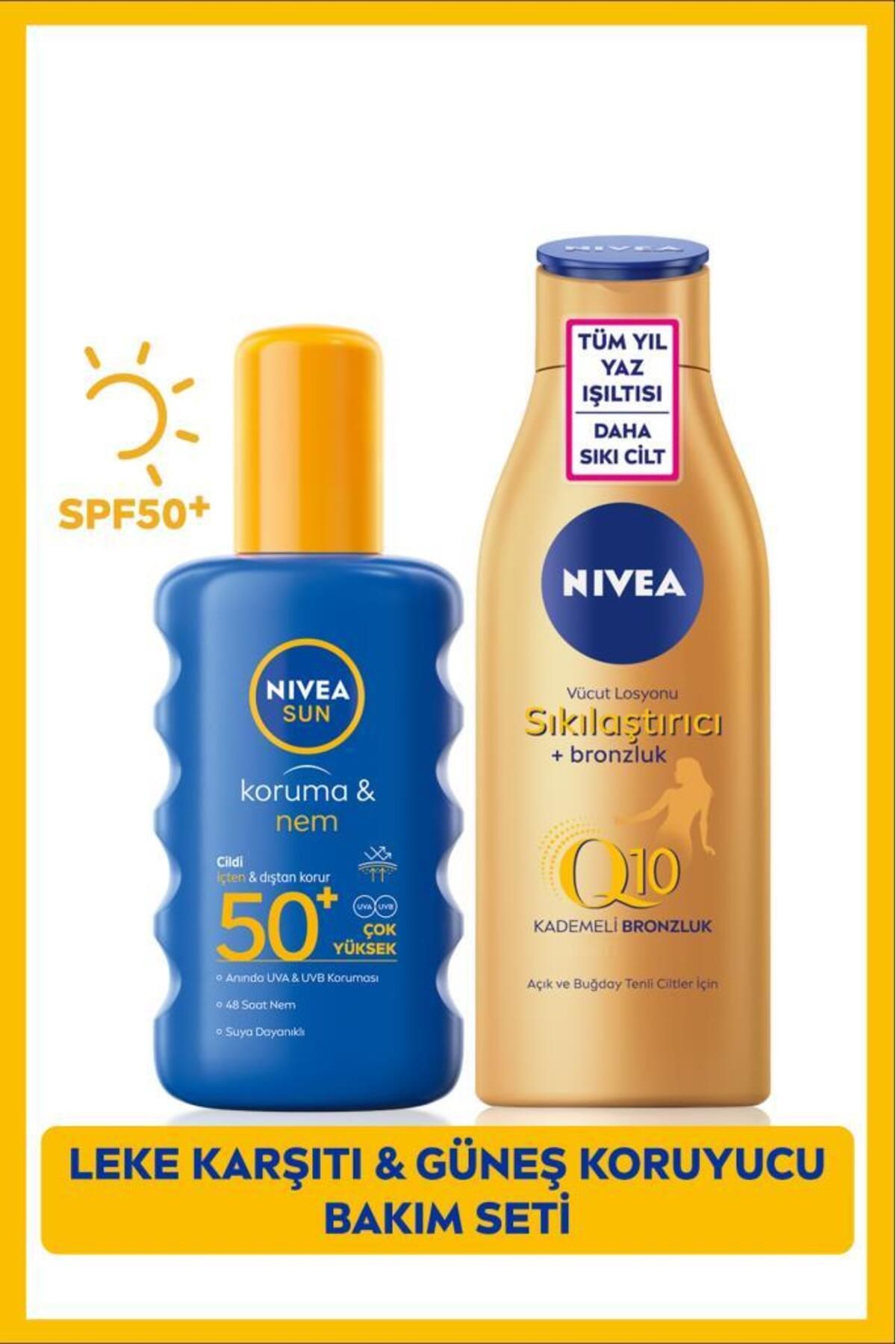 NIVEA Sun Yüksek Güneş Koruyucu Vücut Spreyi Spf50 200ml, Q10 Sıkılaştırıcı Bronzluk Vücut Losyonu 200ml