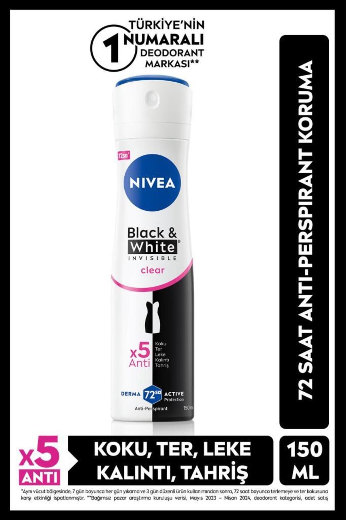 NIVEA Kadın Sprey Deodorant Black&White Invisible Clear 150ml, 72 Saat Anti-perspirant Koruma