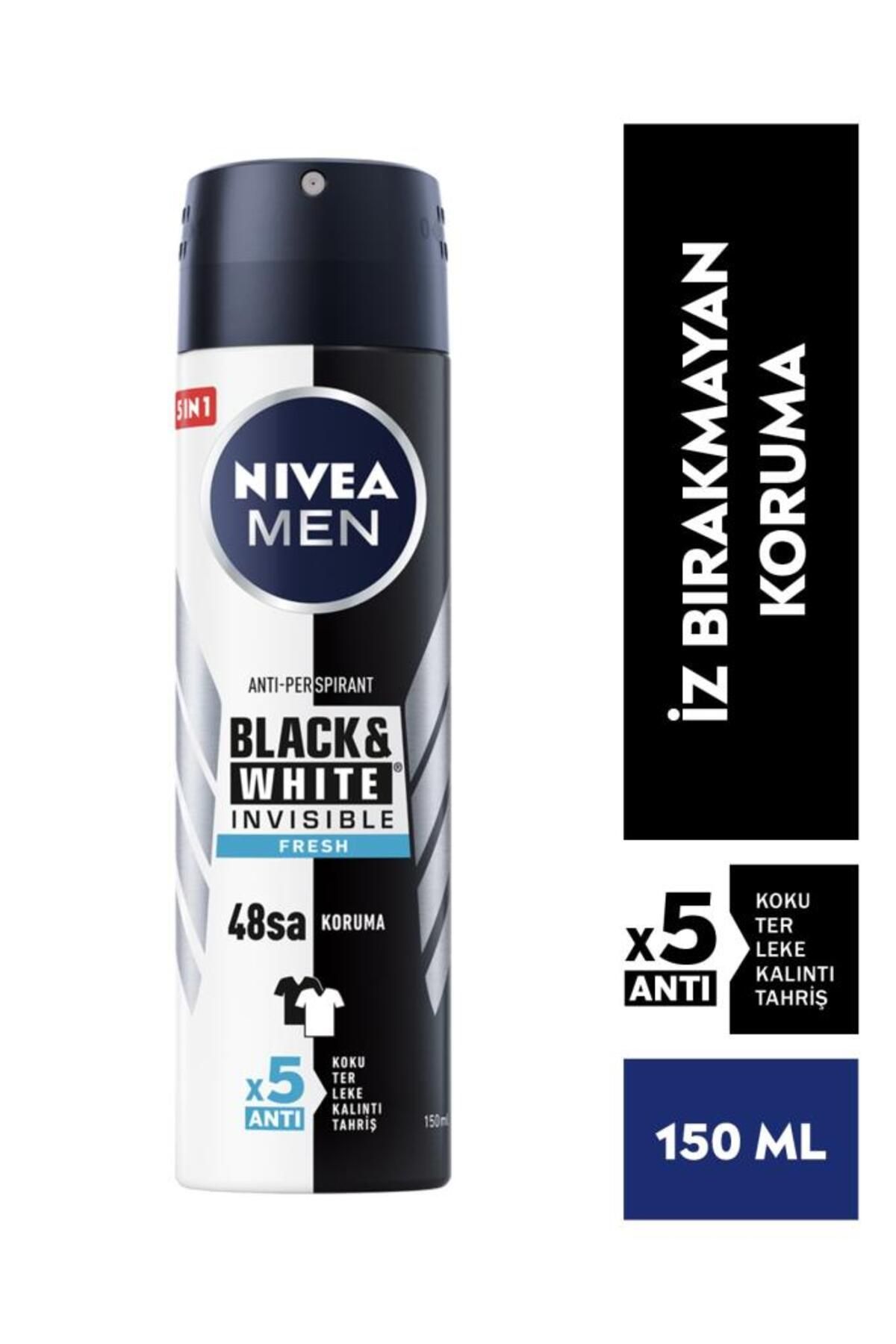 NIVEA MEN Erkek Sprey Deodorant Black&White Invisible Fresh 150ml, 72 Saat Anti-perspirant Ter Koruması