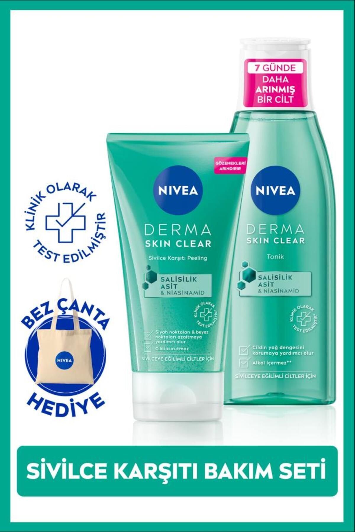 NIVEA Derma Skin Clear Sivilce Karşıtı Yüz Temizleyici Peeling 150ml, Derma Skin Nemlendirici Tonik 200ml