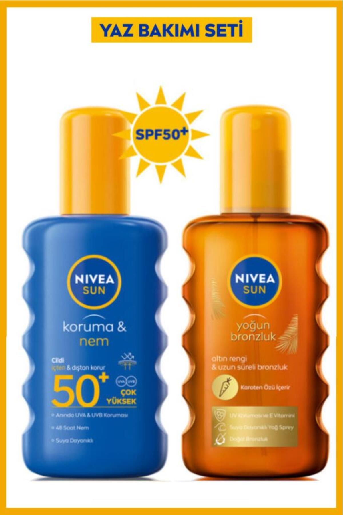 NIVEA Sun Güneş Koruyucu Sprey Spf50 200ml, Karoten Bronzlaştırıcı Güneş Yağı 200ml, Ikili Yaz Seti