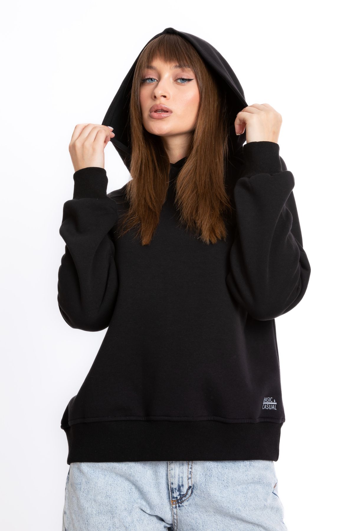 Giyimod Kadın Siyah Kapüşonlu 3 iplik Şardonlu Polarlı Reglan Kol SweatshirtS-103