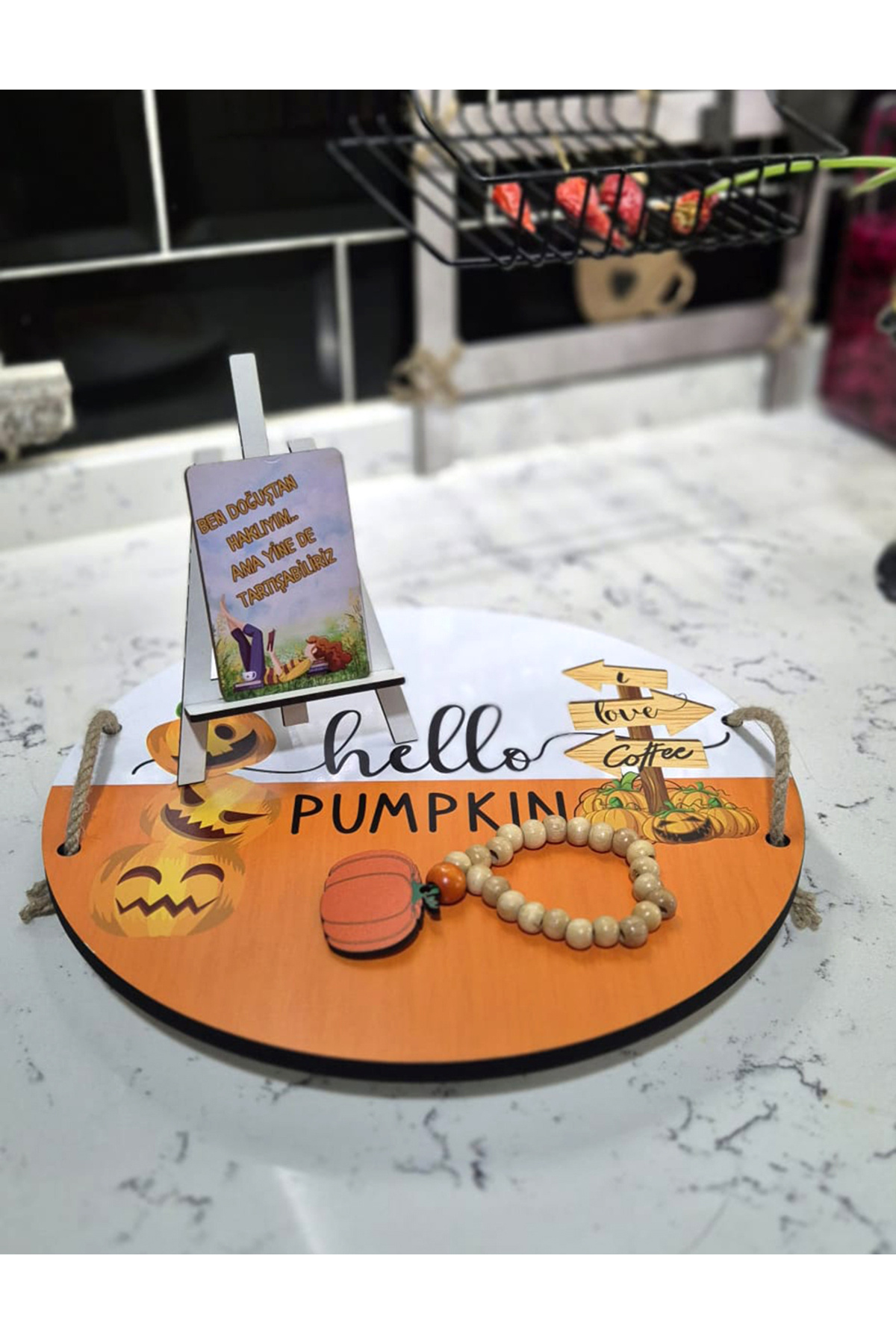 Ahşap Hello Pumpkin Yazılı Sunum Tepsisi Sunumluk 10 Adet Ahşap Motto Kart 7