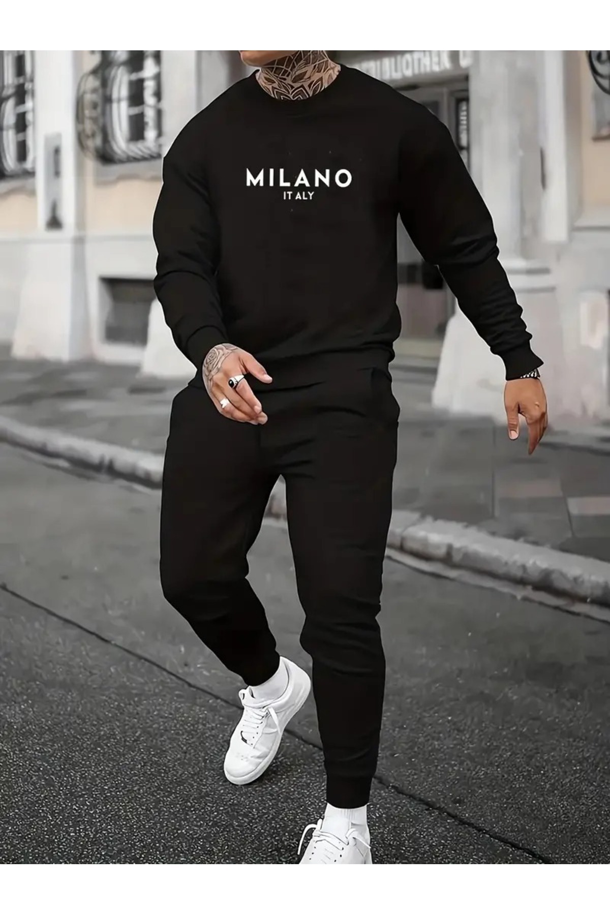 WOODROFFE Milano nyomott fekete férfi tréningruha szett - Oversize Unisex Boyfirend