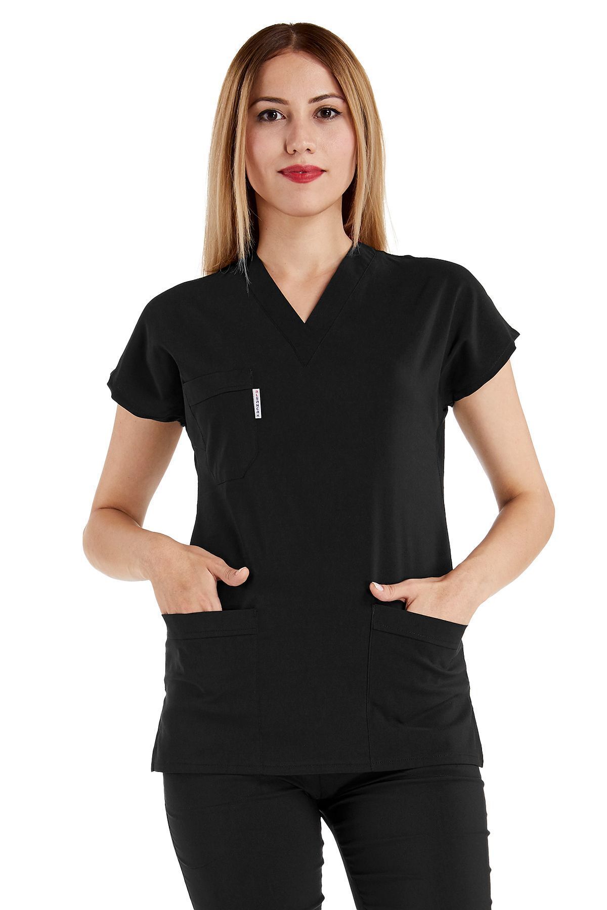 Alsancak Üniforma-Μαύρο Lycra Fine Fabric Scrubs Doctor Nurse Τζέρσεϊ χειρουργική στολή με νυχτερίδα 2