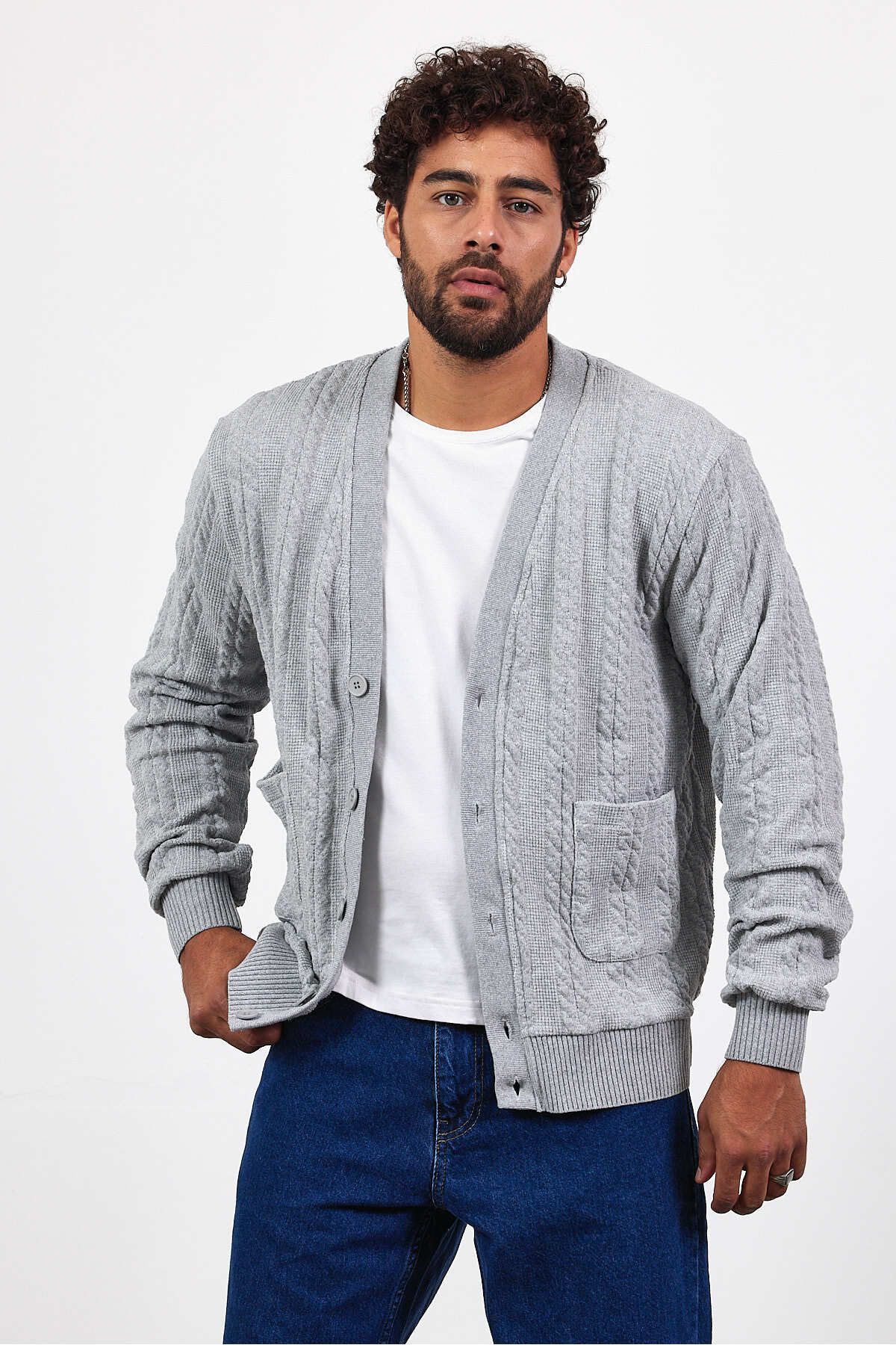 MADZEYMODA-Ανδρική πλεκτή ζακέτα με κουμπιά γκρι πλεκτή ζακέτα Mz89916 8