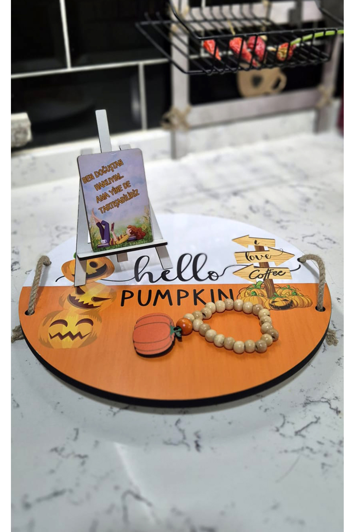 Ahşap Hello Pumpkin Yazılı Sunum Tepsisi Sunumluk 10 Adet Ahşap Motto Kart