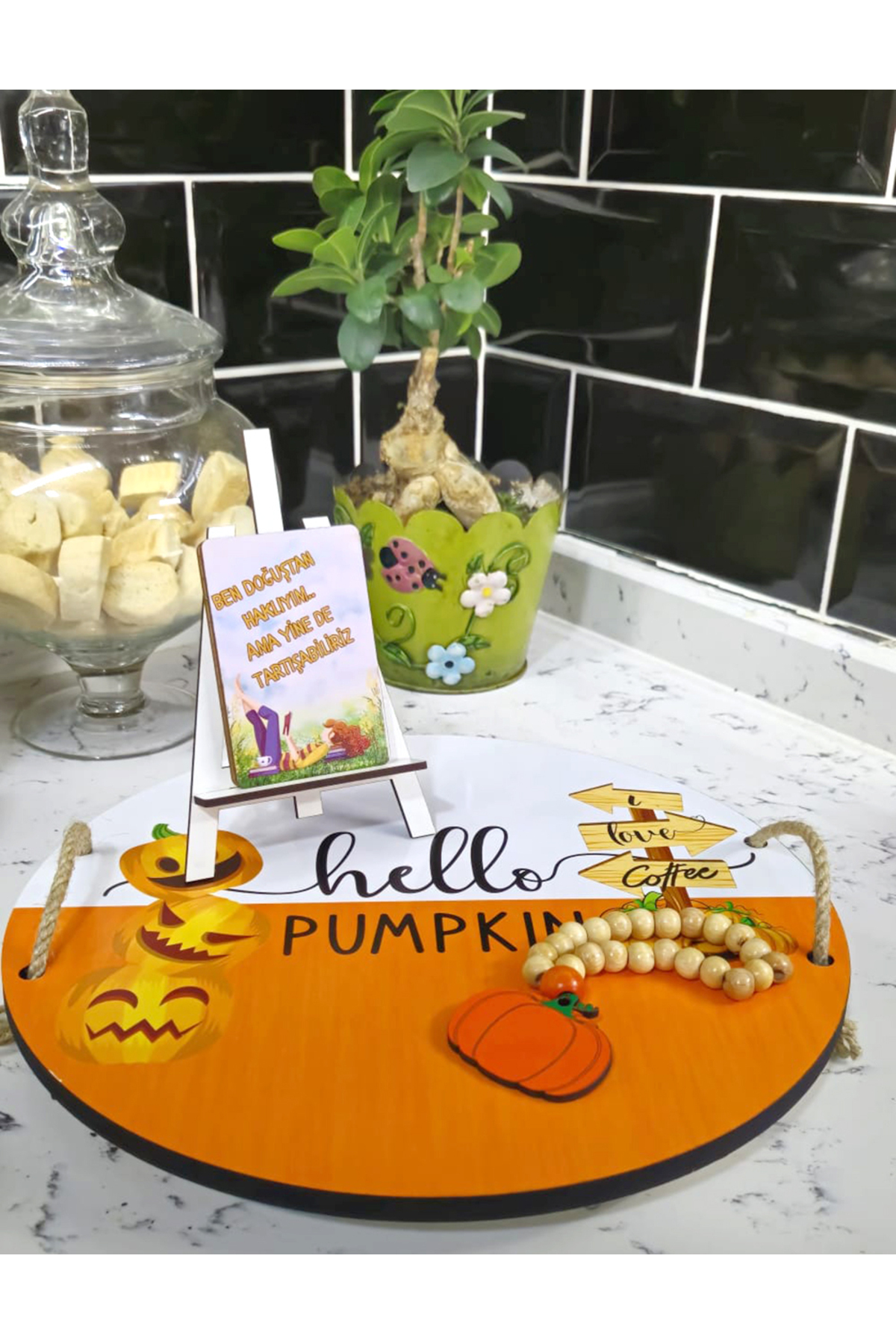 Ahşap Hello Pumpkin Yazılı Sunum Tepsisi Sunumluk 10 Adet Ahşap Motto Kart 5
