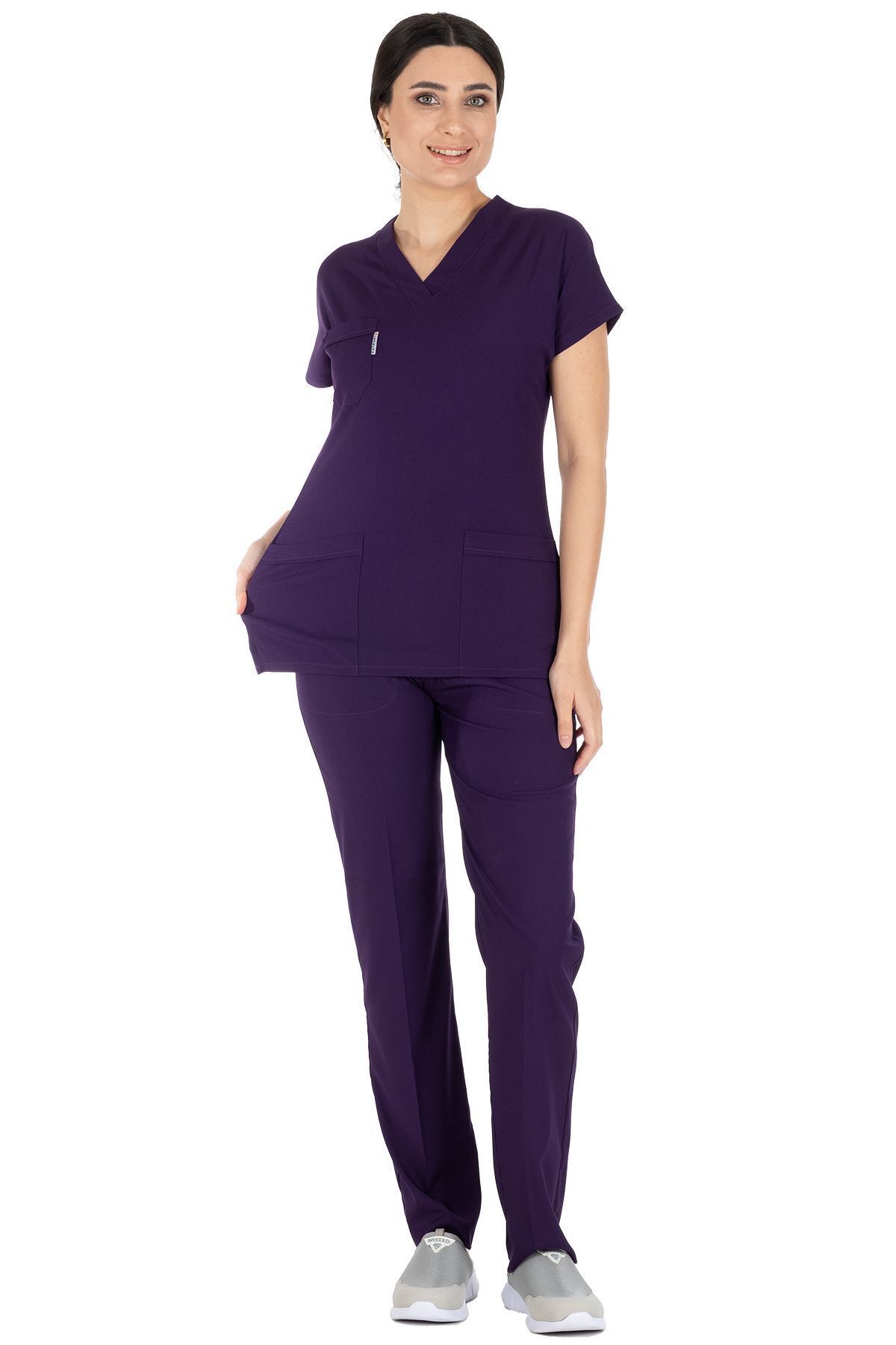 Alsancak Üniforma-Σκούρο μωβ Lycra Fine Fabric Scrubs Doctor Nurse Τζέρσεϊ χειρουργική στολή με νυχτερίδα 3