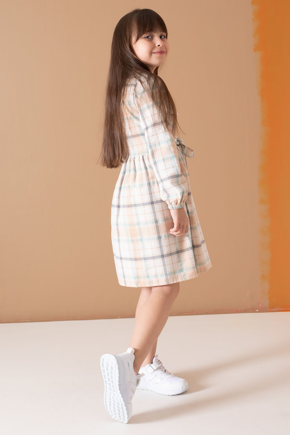 Cansın Mini-Long Sleeve Cream Striped Belted Girl's Dress - 19688 4