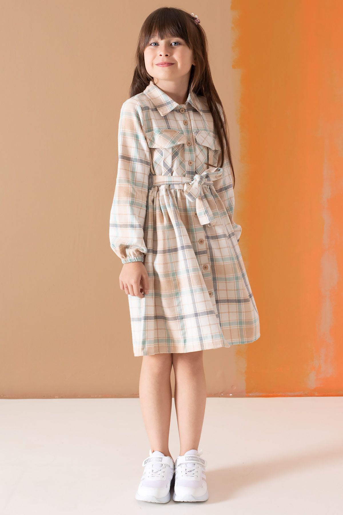 Cansın Mini-Long Sleeve Cream Striped Belted Girl's Dress - 19688 2