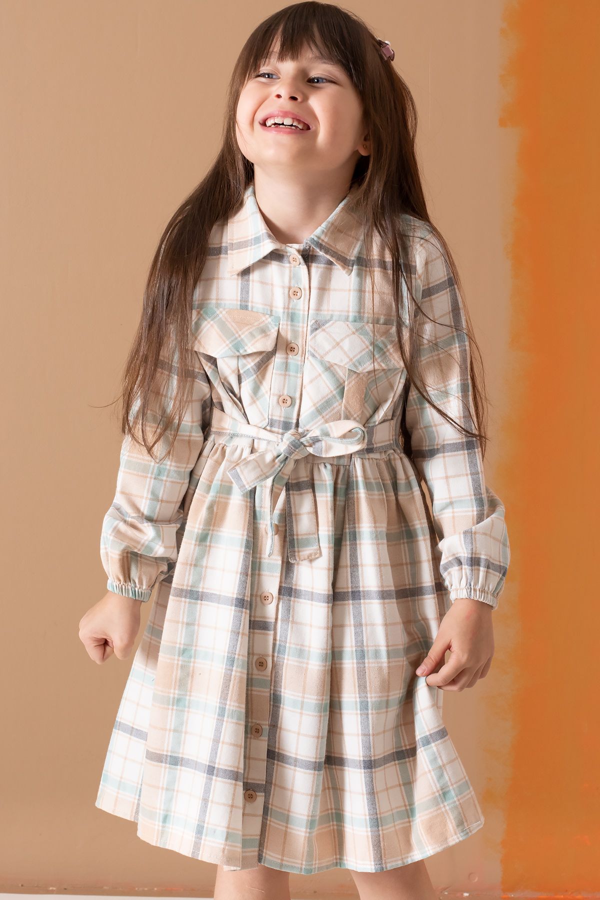 Cansın Mini-Long Sleeve Cream Striped Belted Girl's Dress - 19688 5