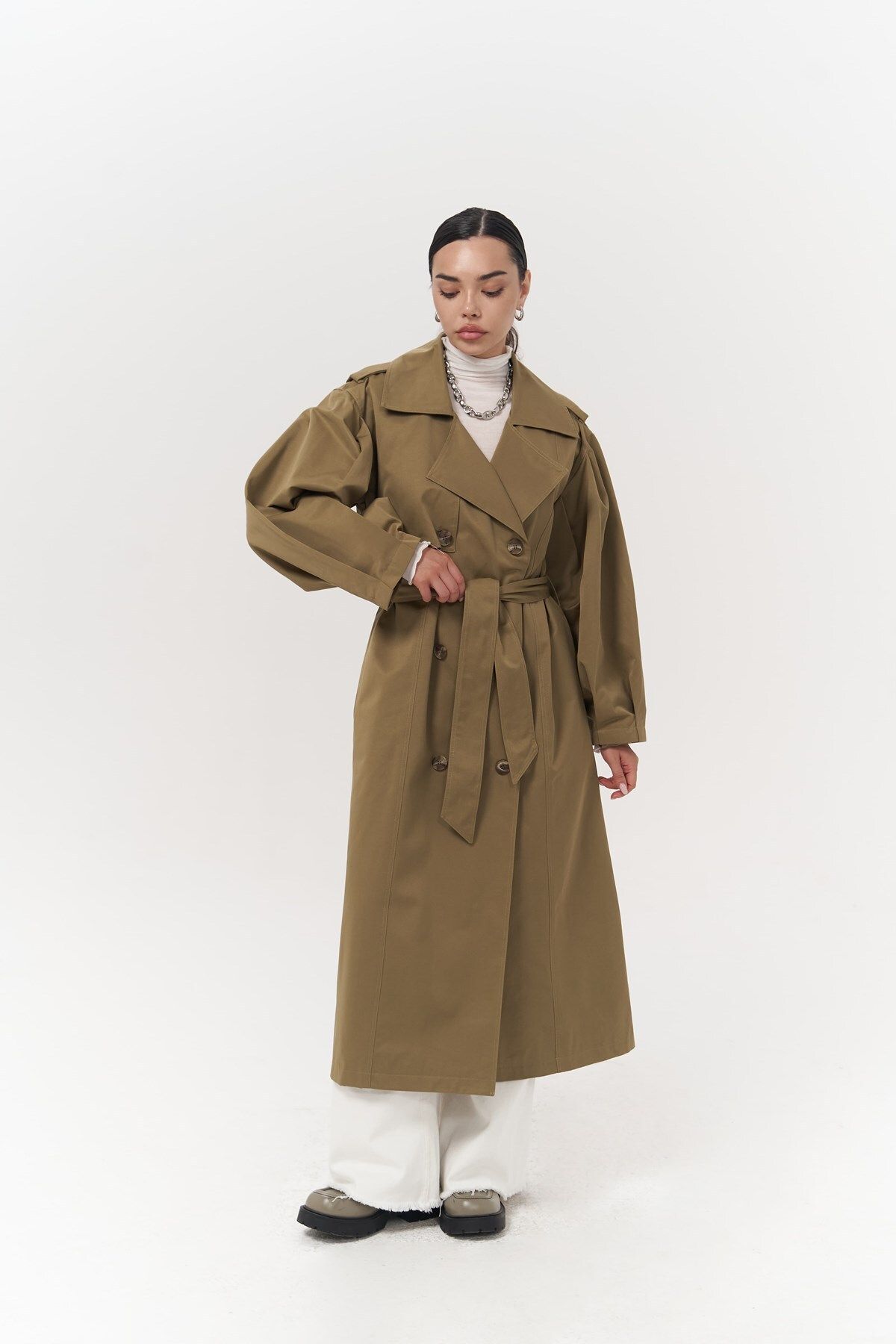 MAİ COLLECTİON-Aubree Khaki Oversize Trench Coat 1