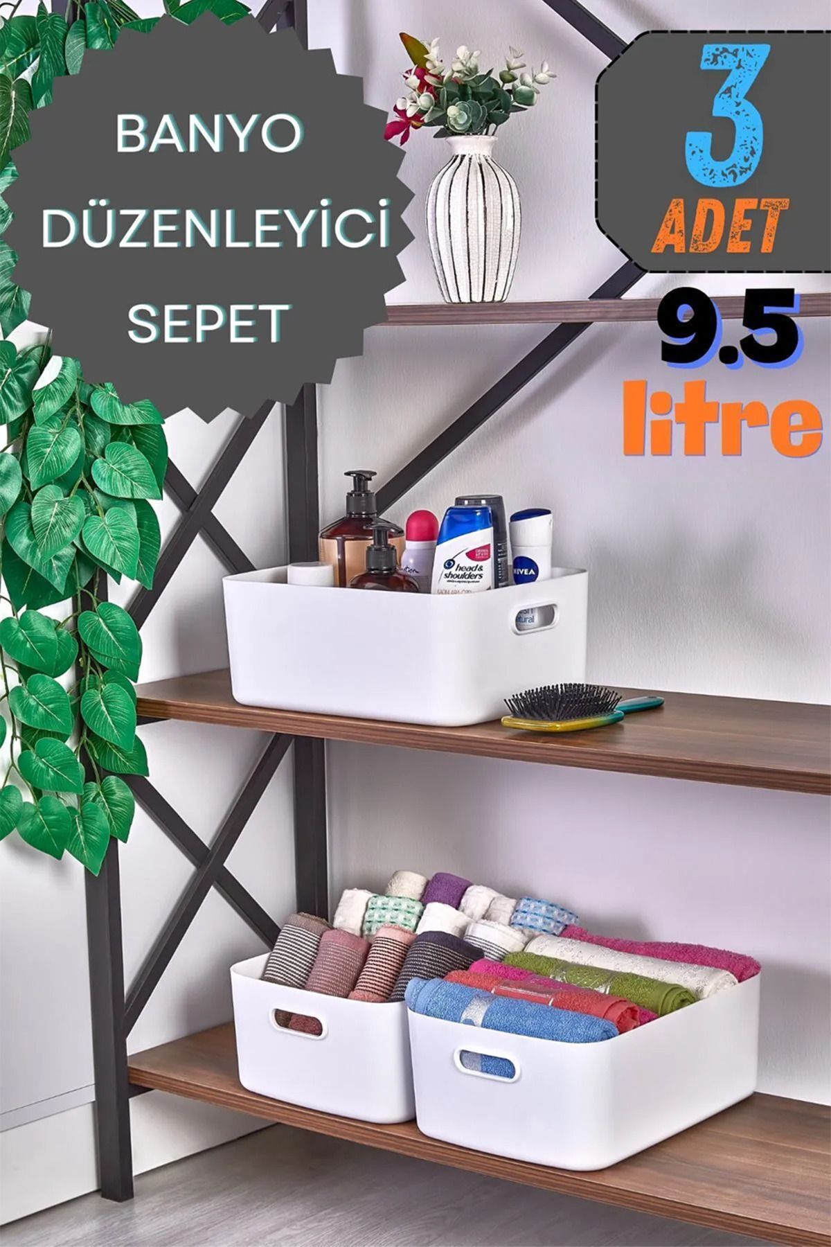 teknotrust 3'lü Büyük Boy Banyo ve Buzdolabı Düzenleyici Sepet, Beyaz