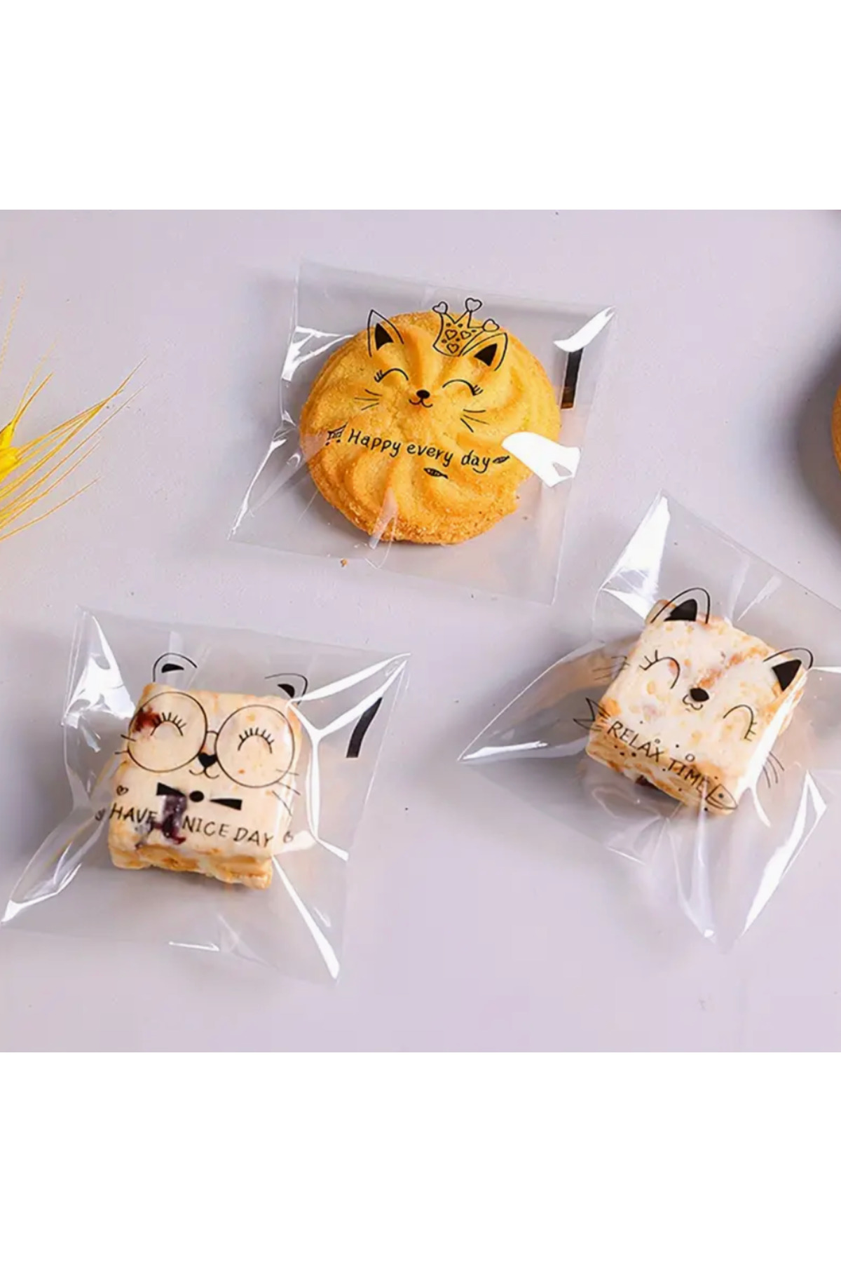 ÇET PACK 50 ADET SEVİMLİ KEDİ DESENLİ BİJUTERİ KURABİYE POŞETİ BABY SHOWER DOĞUM GÜNÜ HEDİYE JELATİN 10x7