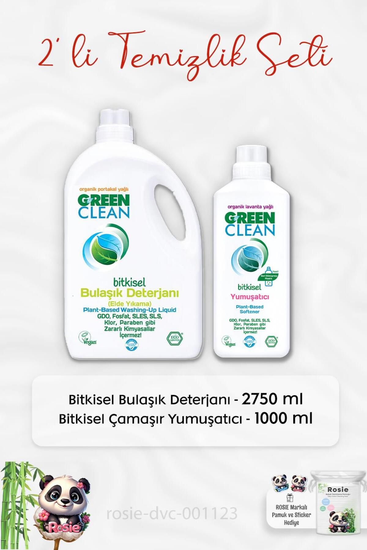 Green Clean Bulaşık Deterjanı 2750 ml, Çamaşır Yumuşatıcısı 1 lt ve ROSIE