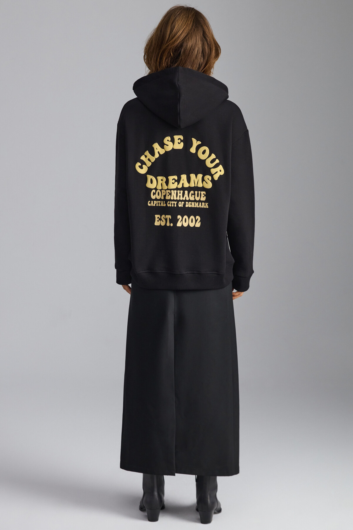 GRIMELANGE  Leılany Kadın 3 Iplik Içi Şardonlu Sırt Baskı Detaylı Regular Kapüşonlu Siyah Sweatshirt - Görsel 7