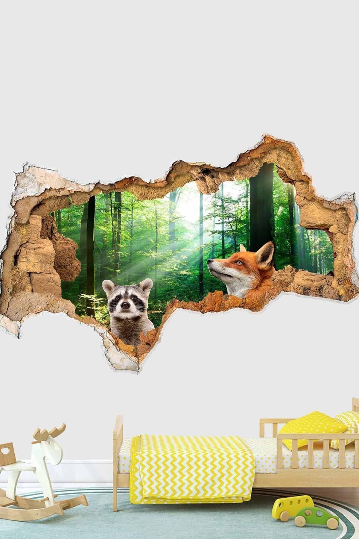 Tropikal Ormanlar Tilki Ve Rakun Full Hd Modern Duvar Sticker