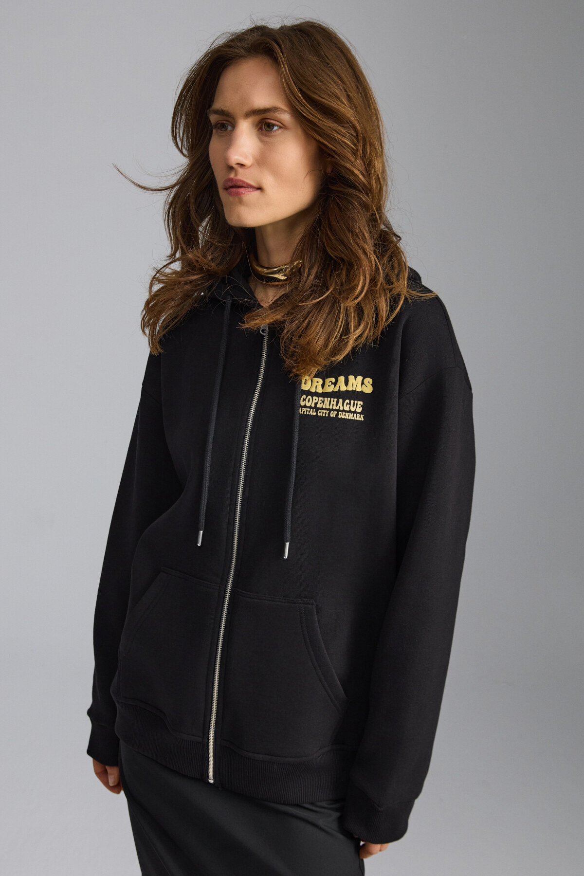 GRIMELANGE  Leılany Kadın 3 Iplik Içi Şardonlu Sırt Baskı Detaylı Regular Kapüşonlu Siyah Sweatshirt - Görsel 5