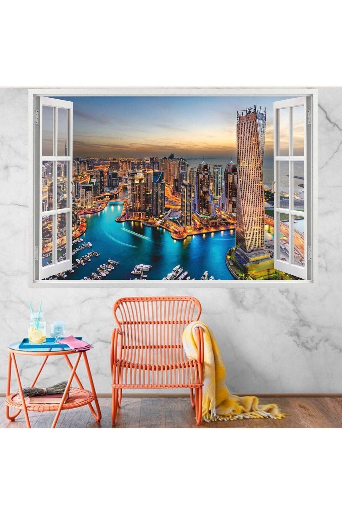 Pencereden Şehir Manzaraları Full Hd Baskı 3D Modern Duvar Sticker
