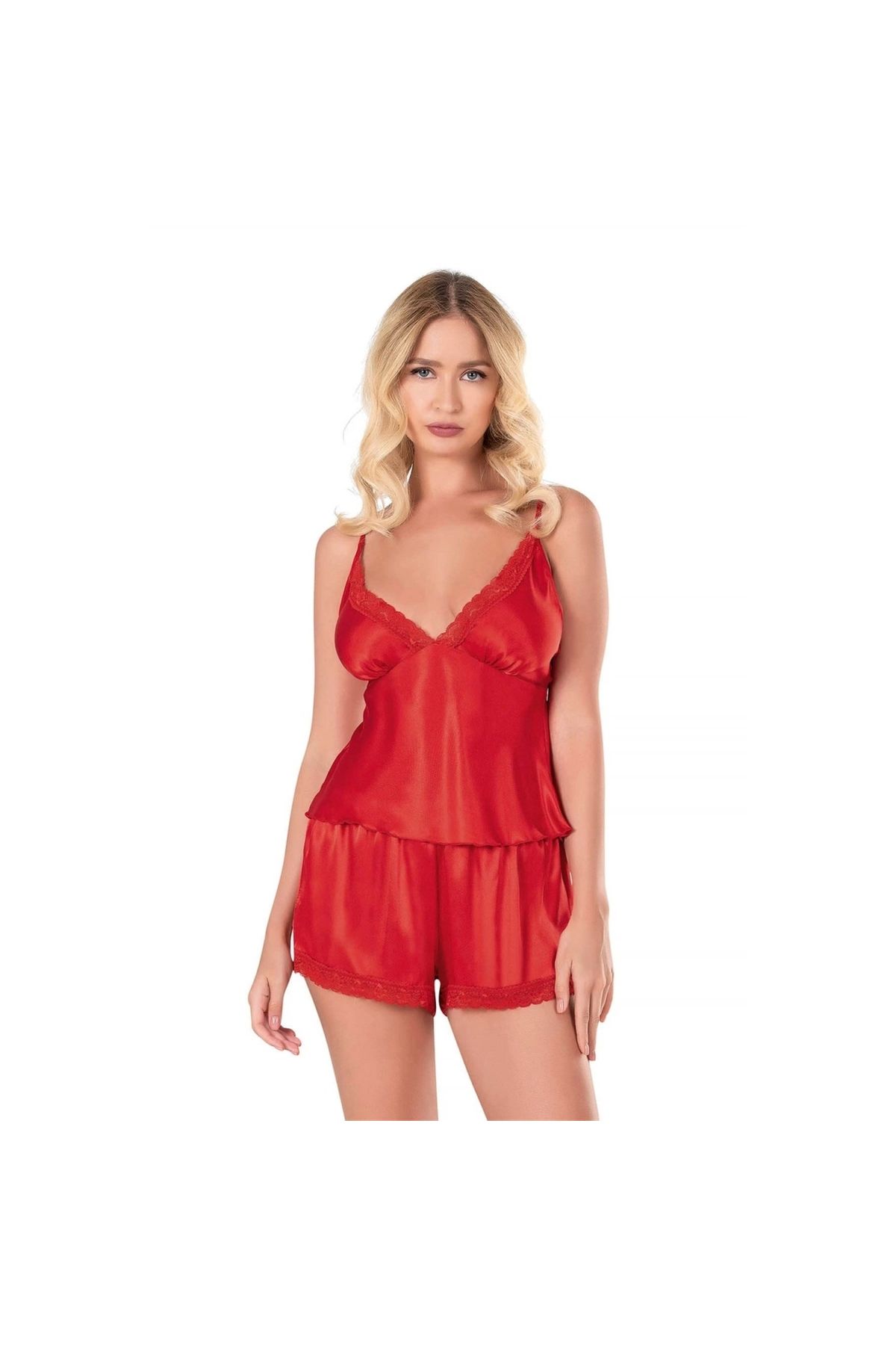 Narnuga-Set pantaloni scurți babydoll din satin roșu - MODLİVE 1