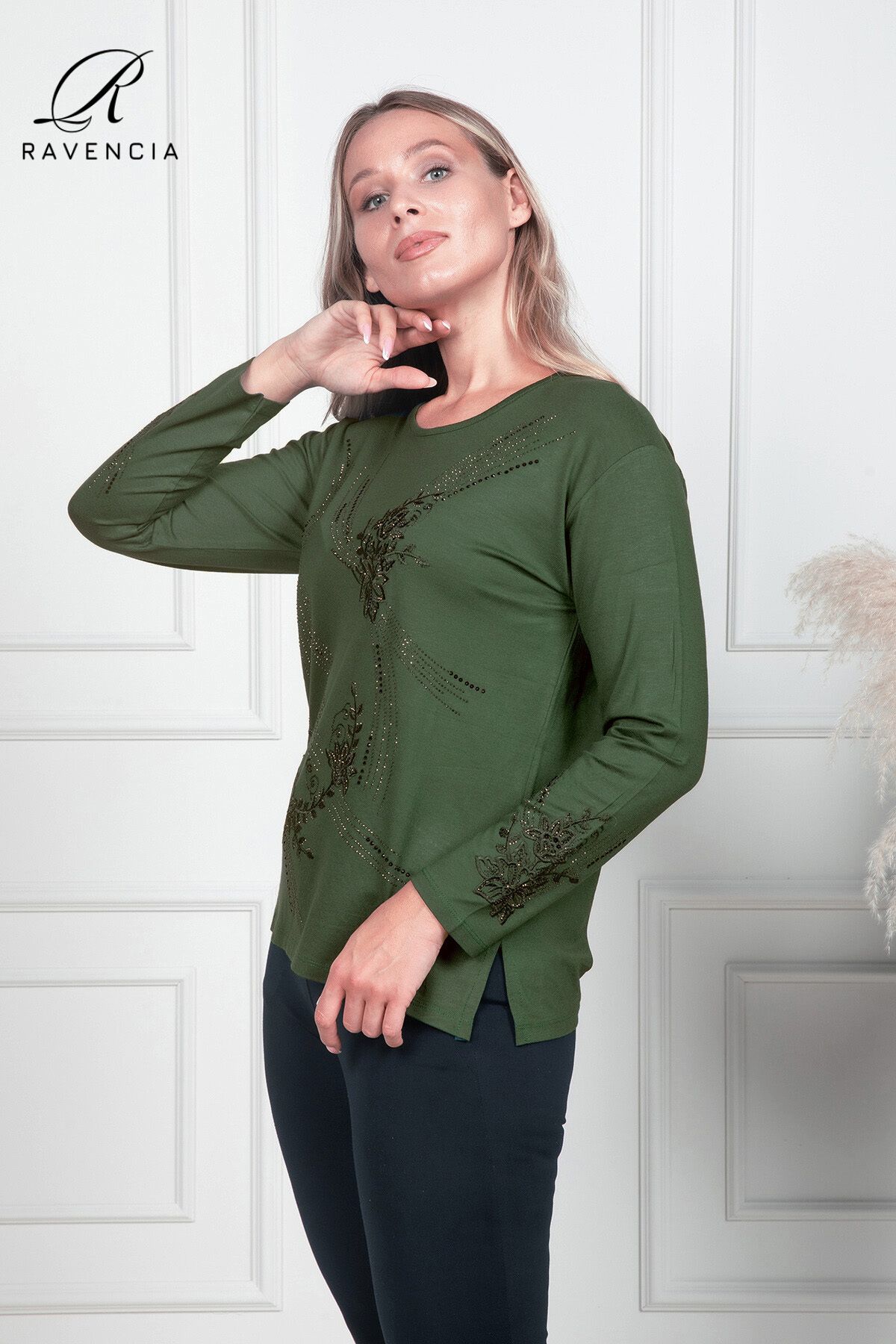 Moda Zeyn-Winter Women's Clover Fabric Covered Floral Patterned Jewelled Embroidered Lycra Khaki Mother's Combed Cotton Blouse 4