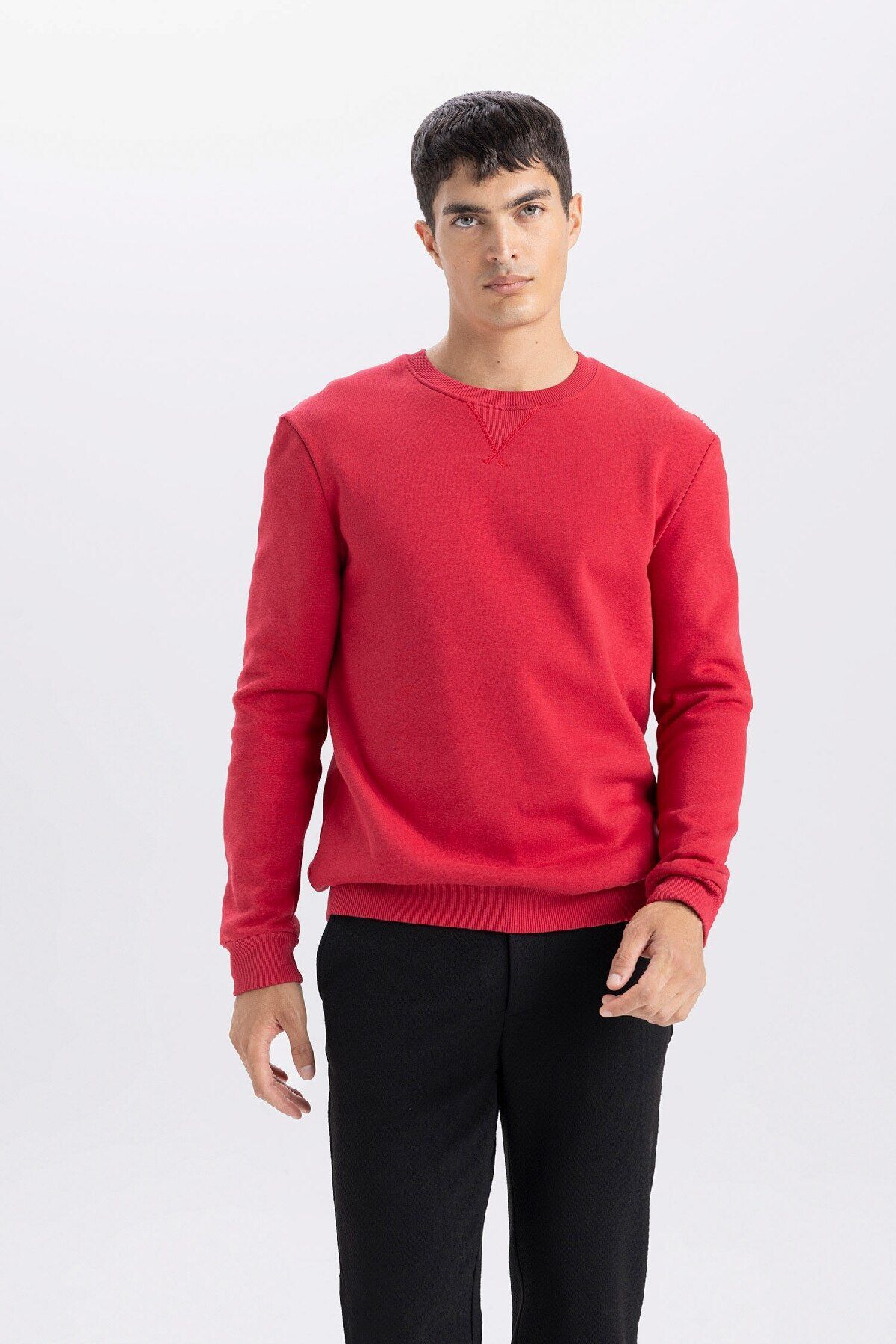 DeFacto-Red Regular Fit Crew Neck Thick Basic Plain Sweatshirt T3777Az24Au 4