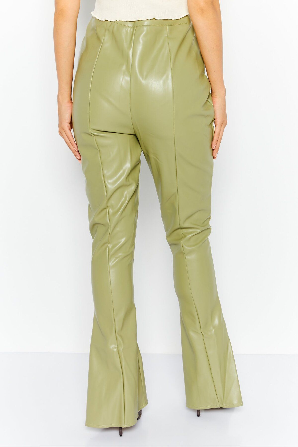 Missguided-Women Tall Faux Leather Flare Pants, Khaki 4